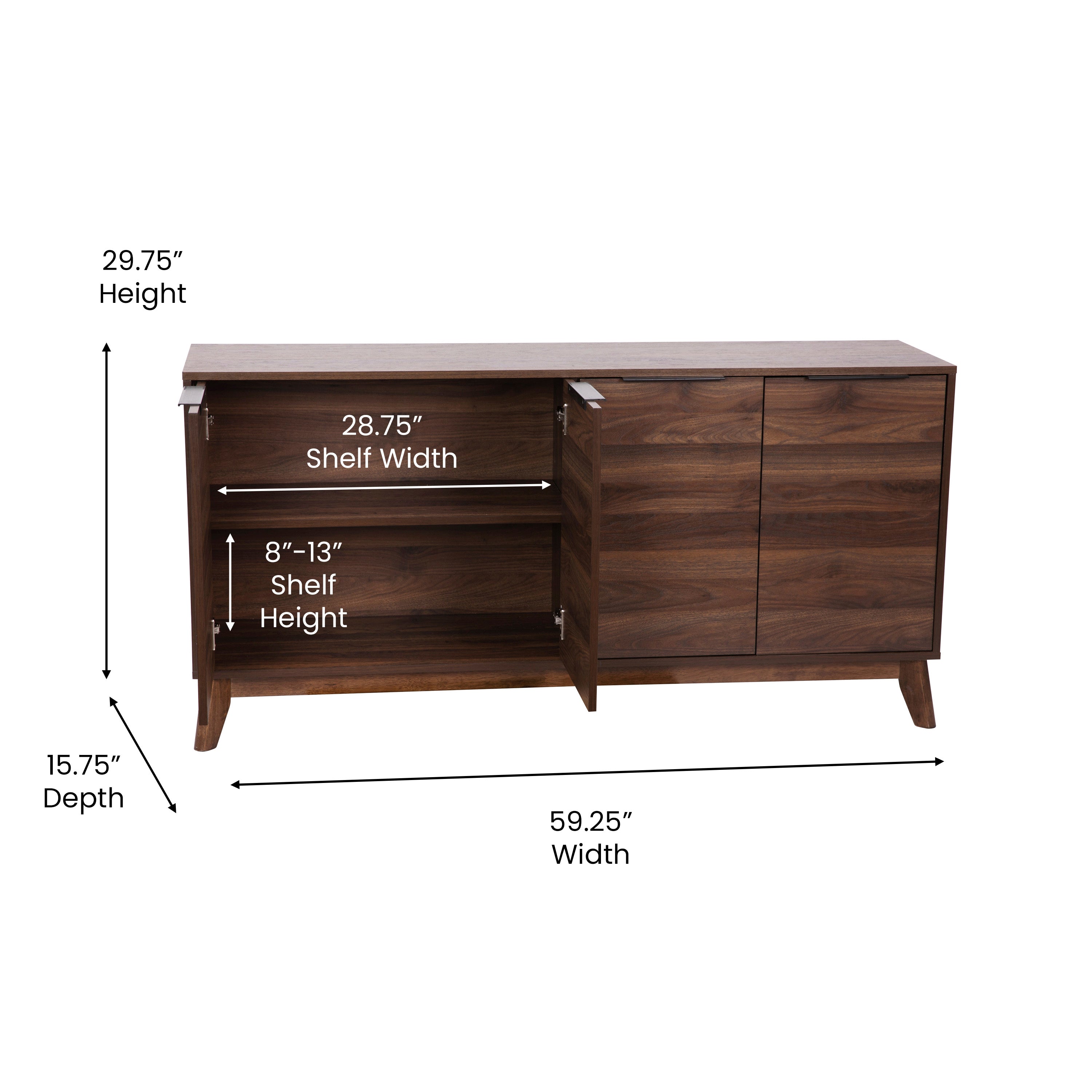Hatfield Mid-Century Modern 60 Inch 4 Door Storage Buffet Sideboard, 4 Soft Close Doors, Adjustable Shelves, TV Stand for up to 64" TV's, Dark Walnut