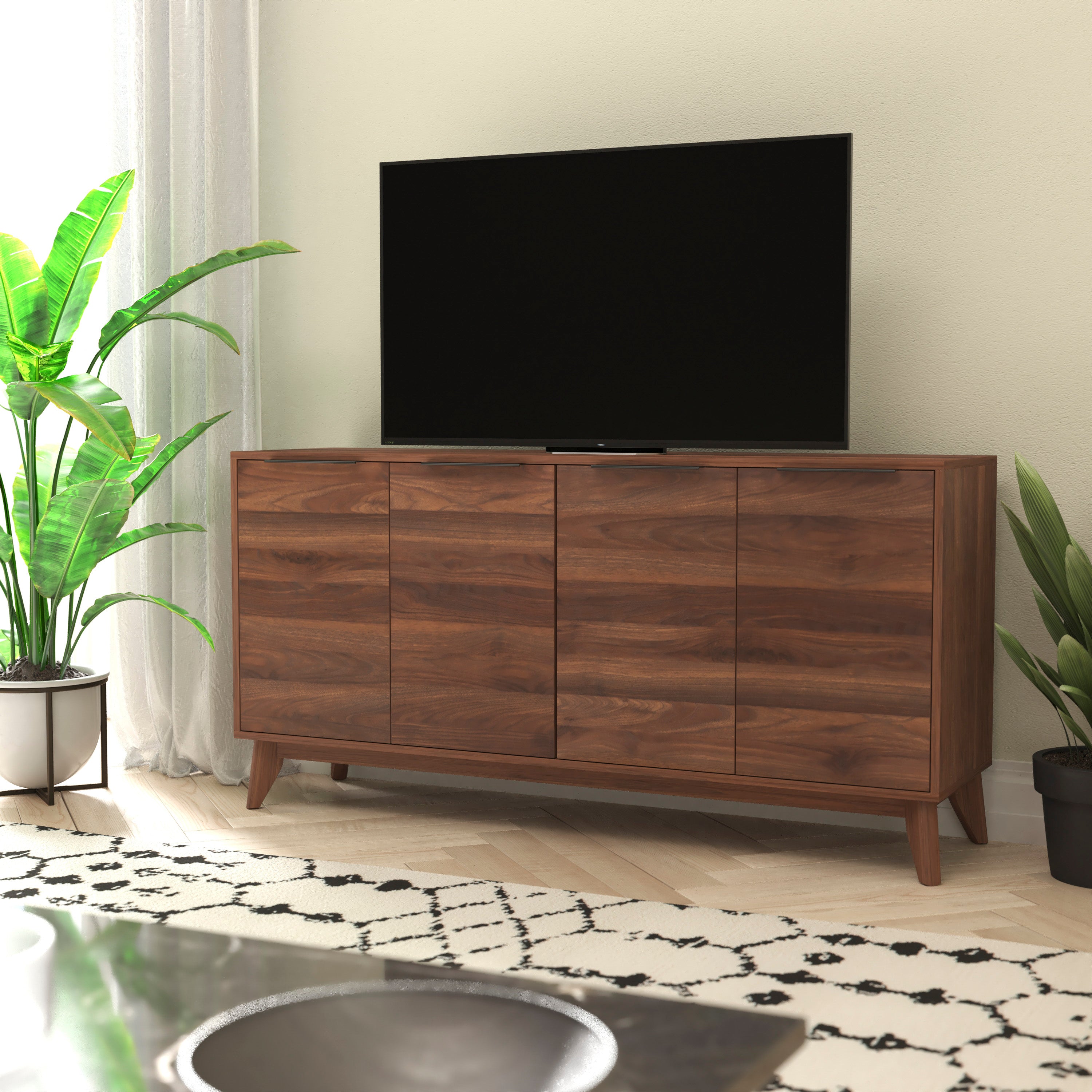 Hatfield Mid-Century Modern 60 Inch 4 Door Storage Buffet Sideboard, 4 Soft Close Doors, Adjustable Shelves, TV Stand for up to 64" TV's, Dark Walnut