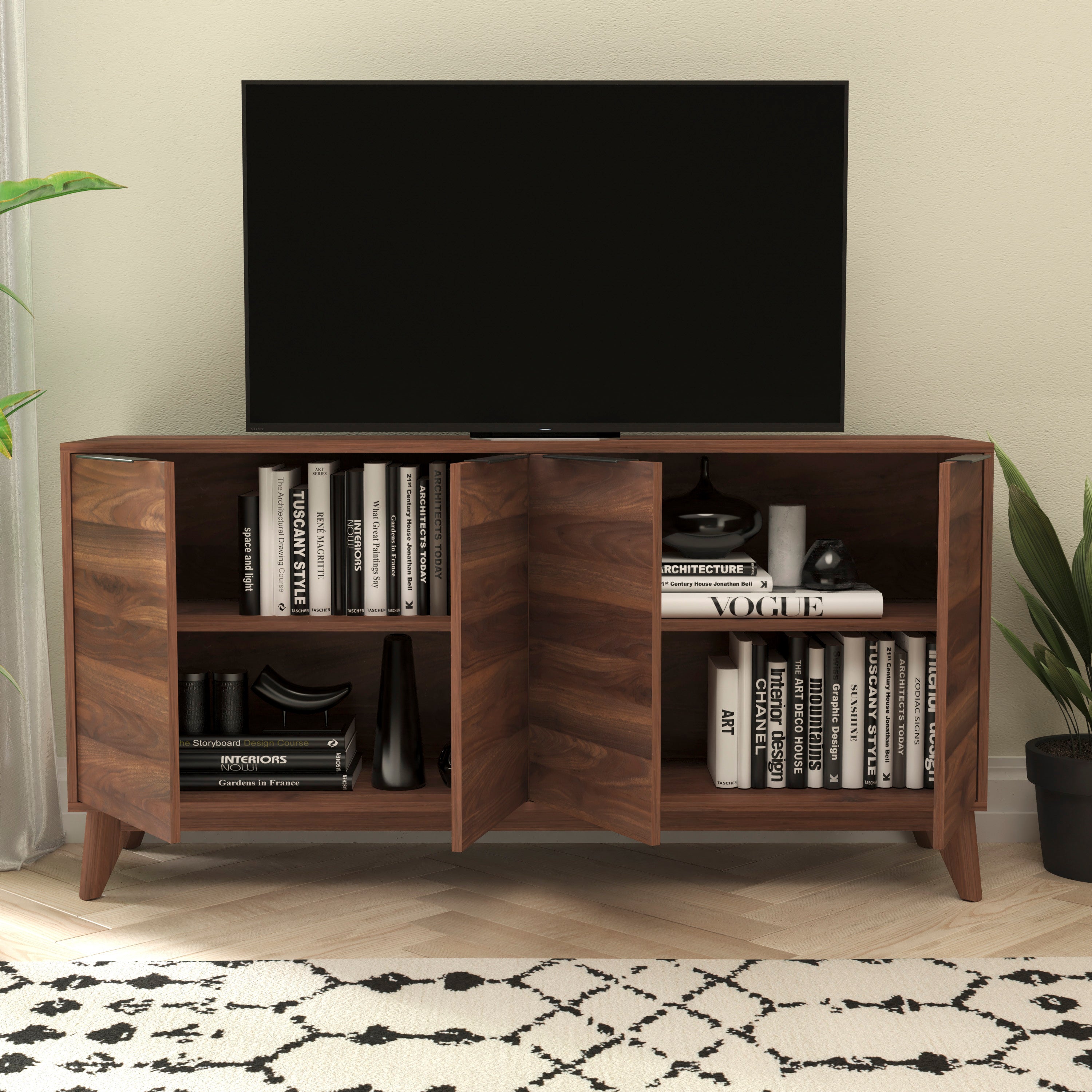 Hatfield Mid-Century Modern 60 Inch 4 Door Storage Buffet Sideboard, 4 Soft Close Doors, Adjustable Shelves, TV Stand for up to 64" TV's, Dark Walnut
