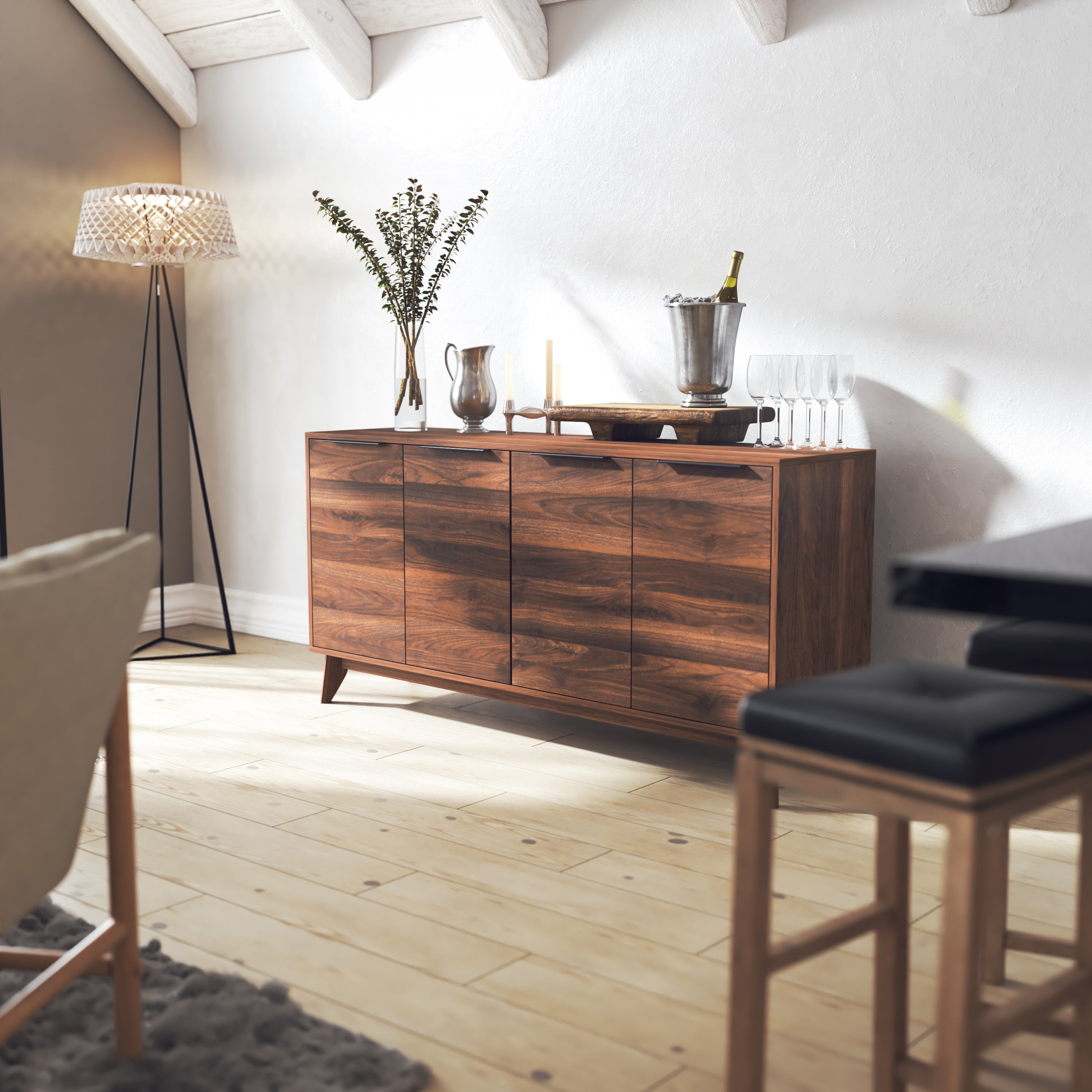 Hatfield Mid-Century Modern 60 Inch 4 Door Storage Buffet Sideboard, 4 Soft Close Doors, Adjustable Shelves, TV Stand for up to 64" TV's, Dark Walnut