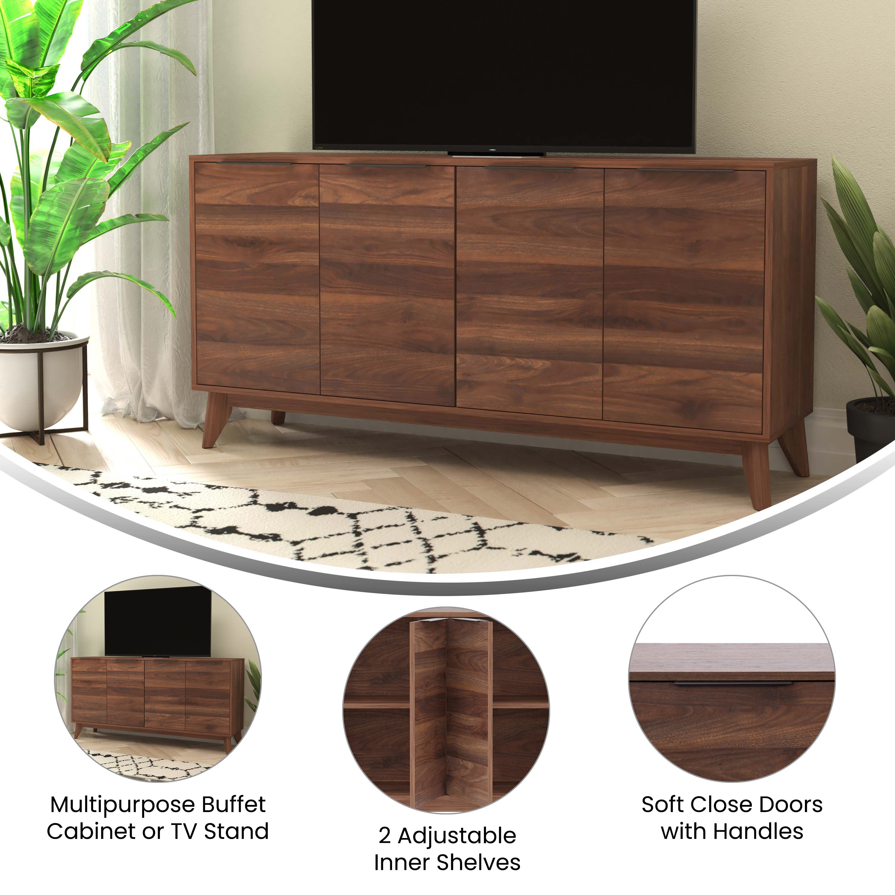 Hatfield Mid-Century Modern 60 Inch 4 Door Storage Buffet Sideboard, 4 Soft Close Doors, Adjustable Shelves, TV Stand for up to 64" TV's, Dark Walnut