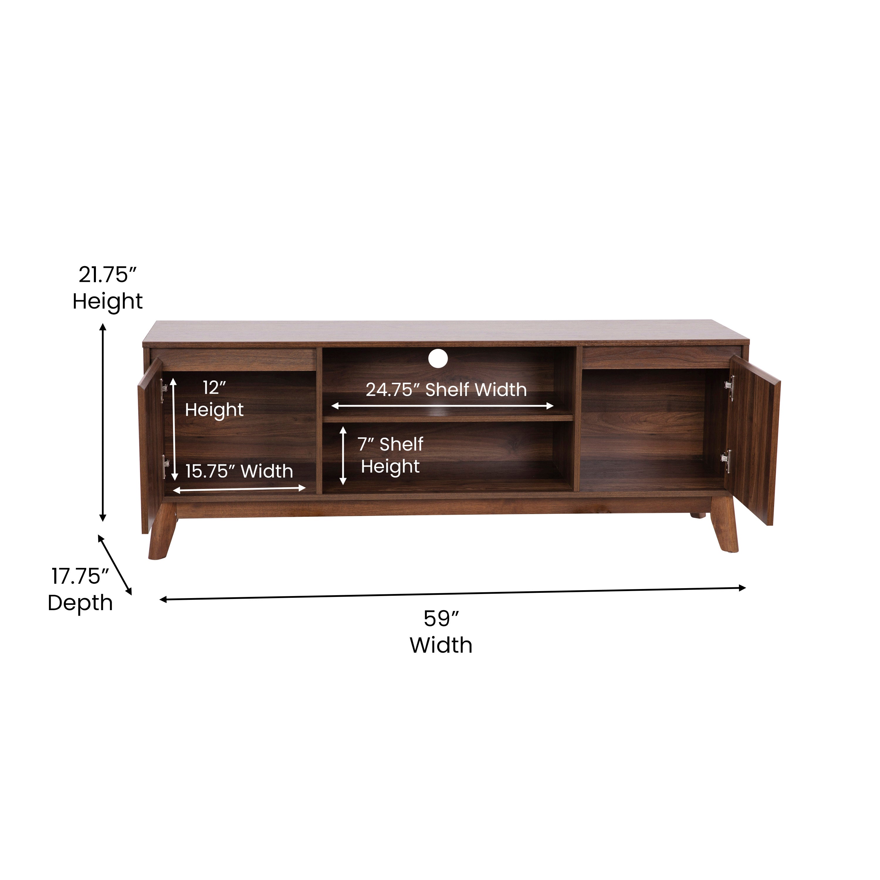 Hatfield Mid-Century Modern TV Stand in Walnut for up to 64 inch TV's - 60 Inch Media Center with Adjustable Center Shelf and Dual Soft Close Doors