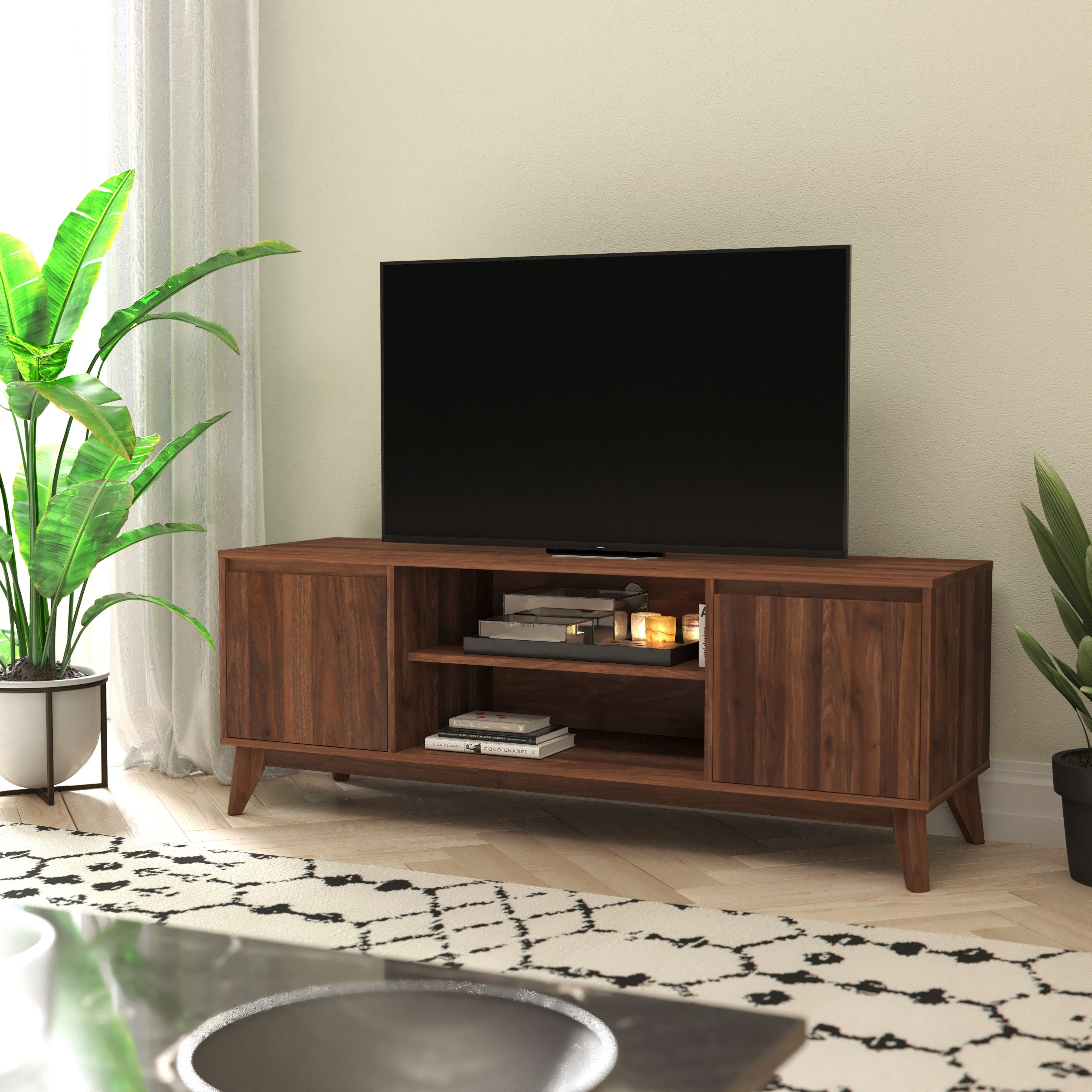 Hatfield Mid-Century Modern TV Stand in Walnut for up to 64 inch TV's - 60 Inch Media Center with Adjustable Center Shelf and Dual Soft Close Doors