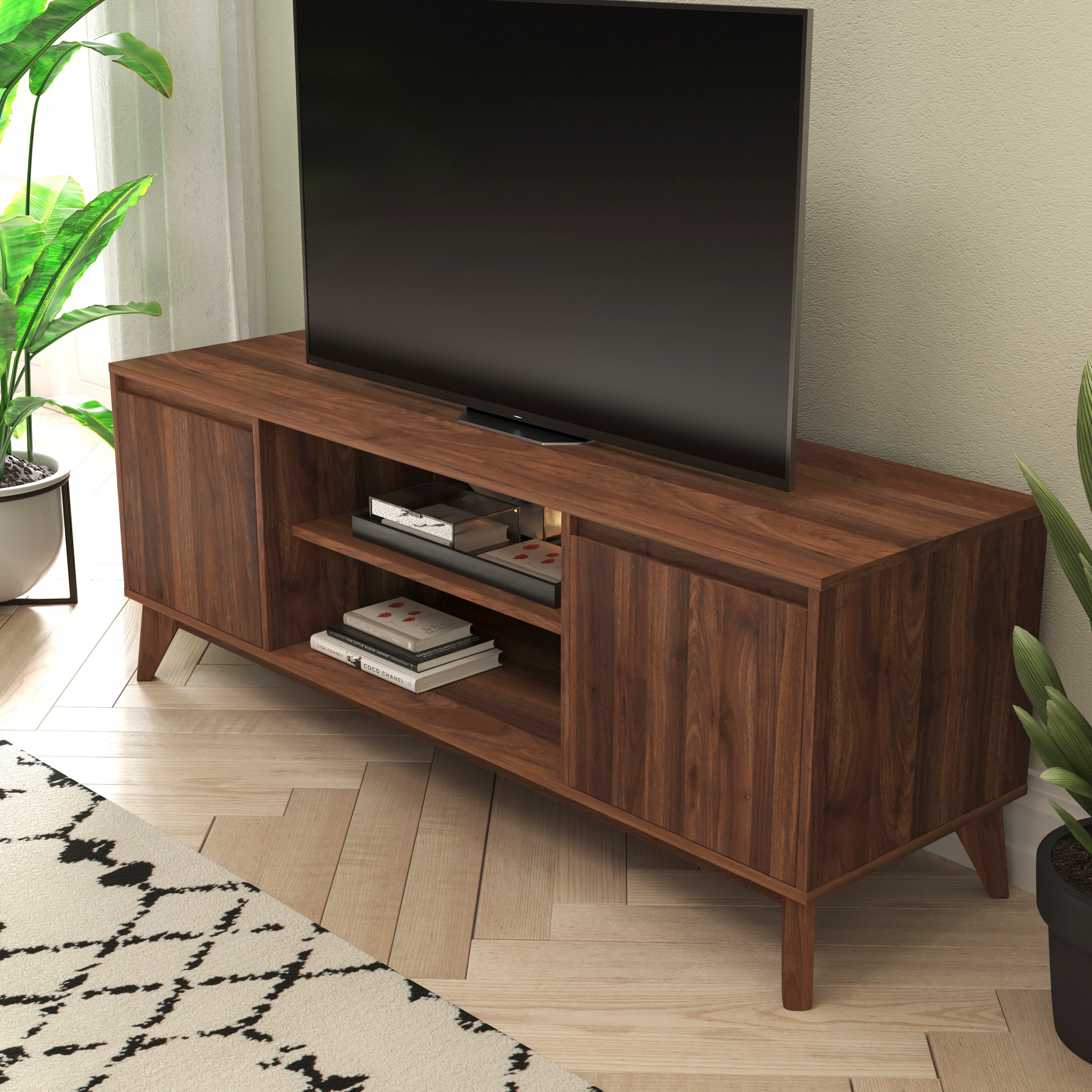Hatfield Mid-Century Modern TV Stand in Walnut for up to 64 inch TV's - 60 Inch Media Center with Adjustable Center Shelf and Dual Soft Close Doors
