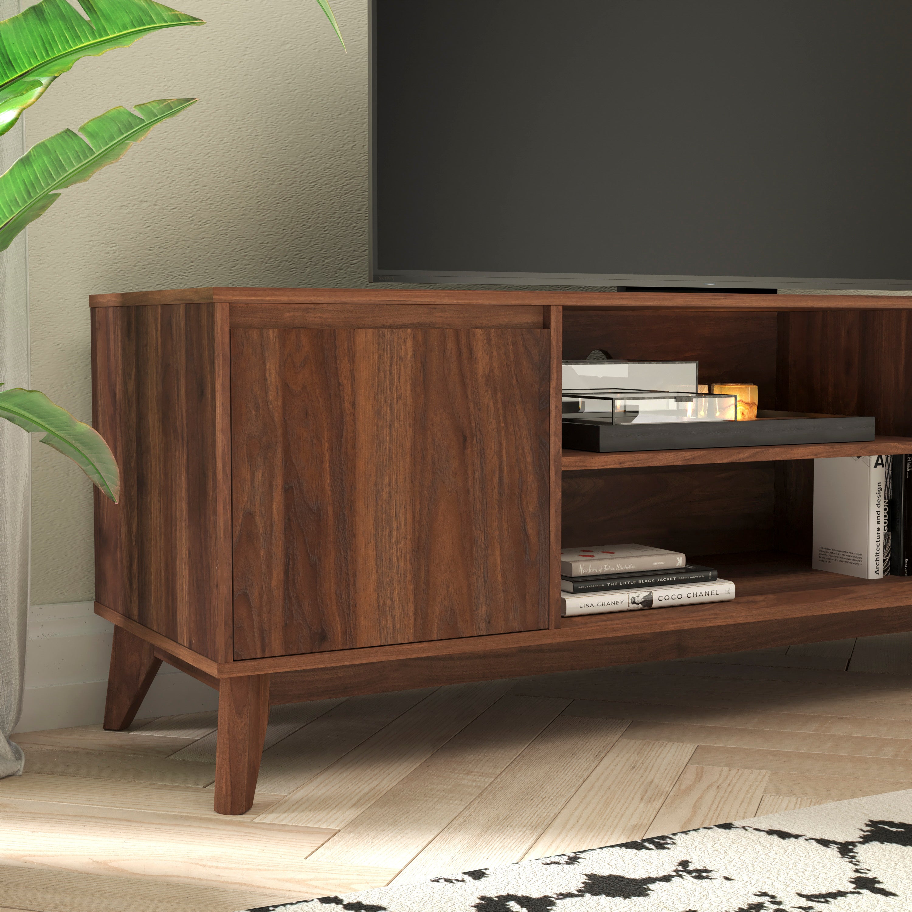 Hatfield Mid-Century Modern TV Stand in Walnut for up to 64 inch TV's - 60 Inch Media Center with Adjustable Center Shelf and Dual Soft Close Doors