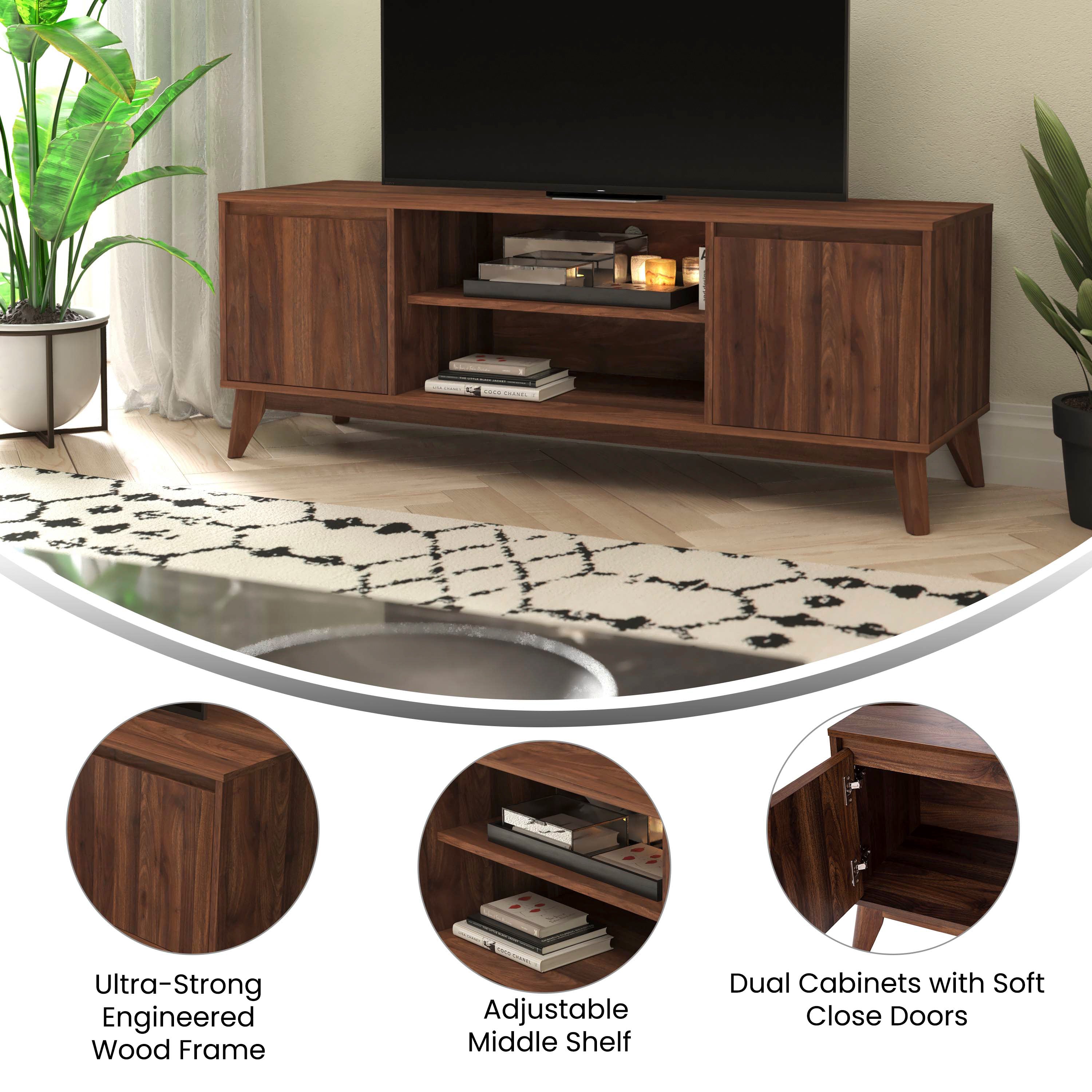 Hatfield Mid-Century Modern TV Stand in Walnut for up to 64 inch TV's - 60 Inch Media Center with Adjustable Center Shelf and Dual Soft Close Doors