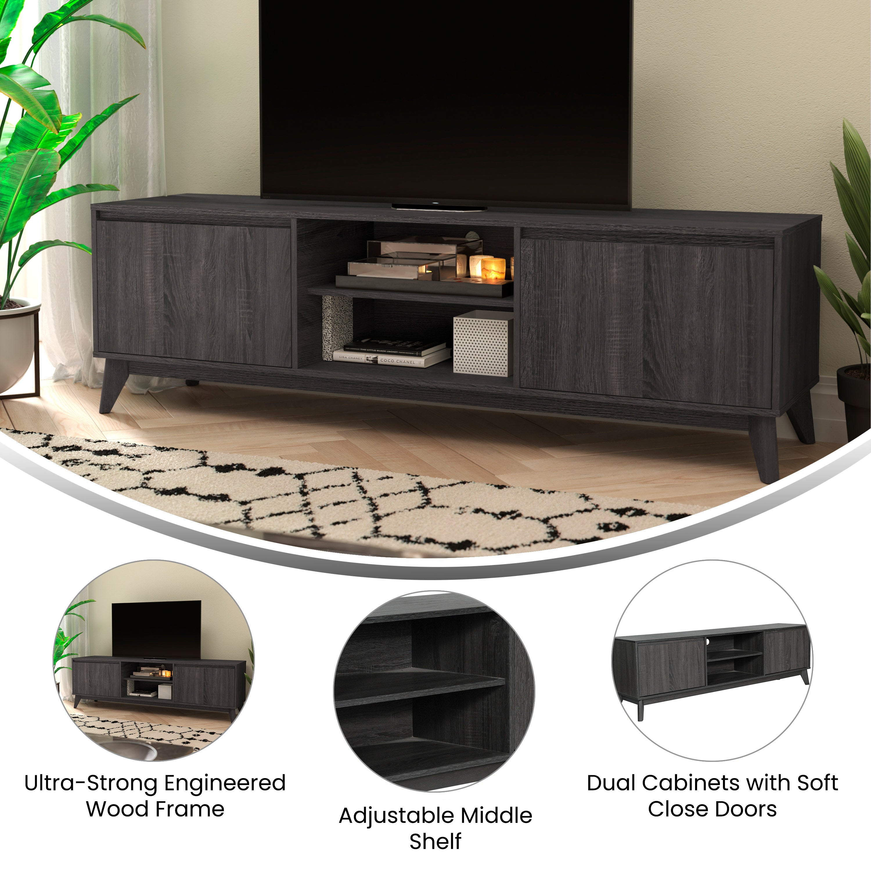 Hatfield Mid-Century Modern TV Stand in Black Wash for 65+ Inch TV's - 70 Inch Media Center with Adjustable Center Shelf and Dual Soft Close Doors