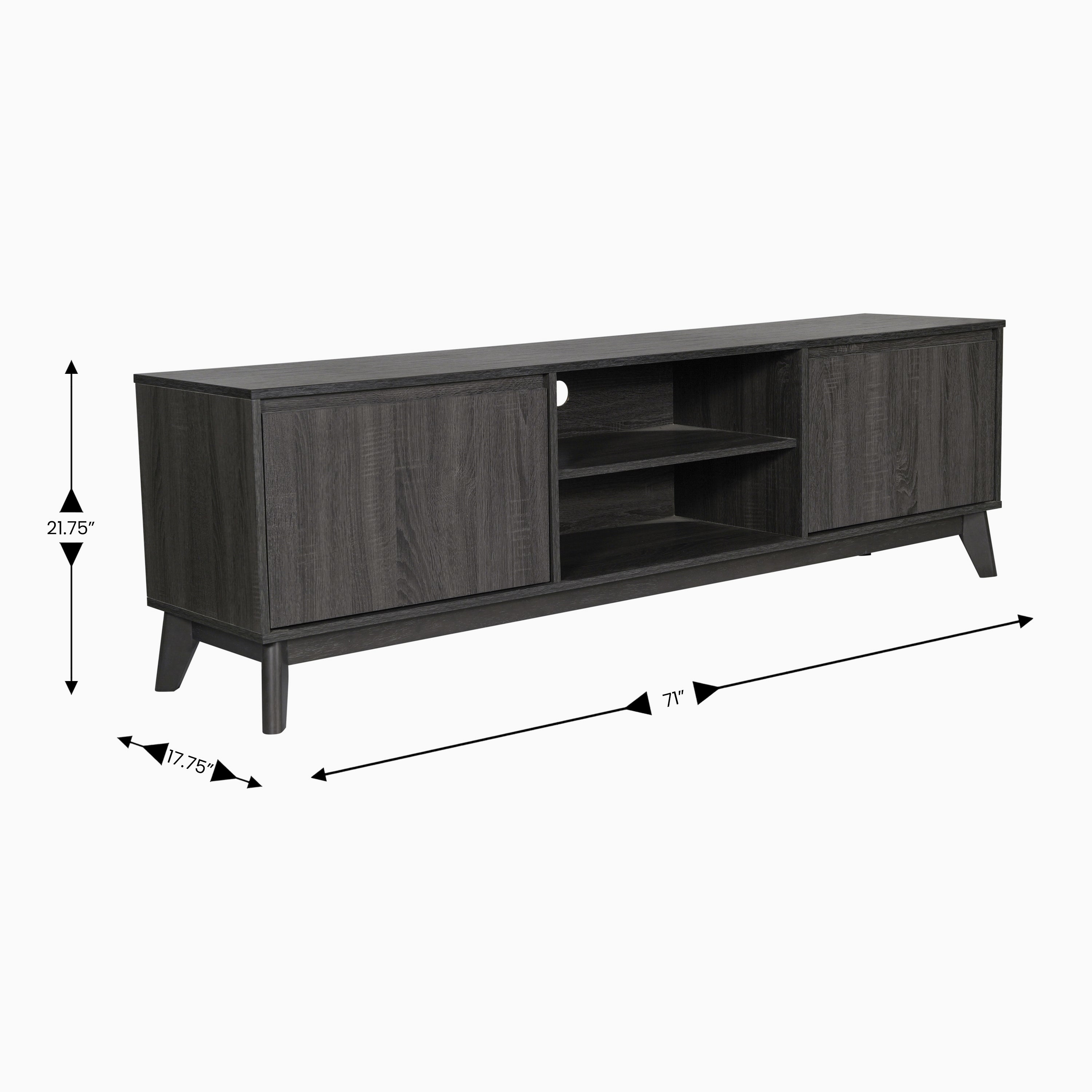 Hatfield Mid-Century Modern TV Stand in Black Wash for 65+ Inch TV's - 70 Inch Media Center with Adjustable Center Shelf and Dual Soft Close Doors