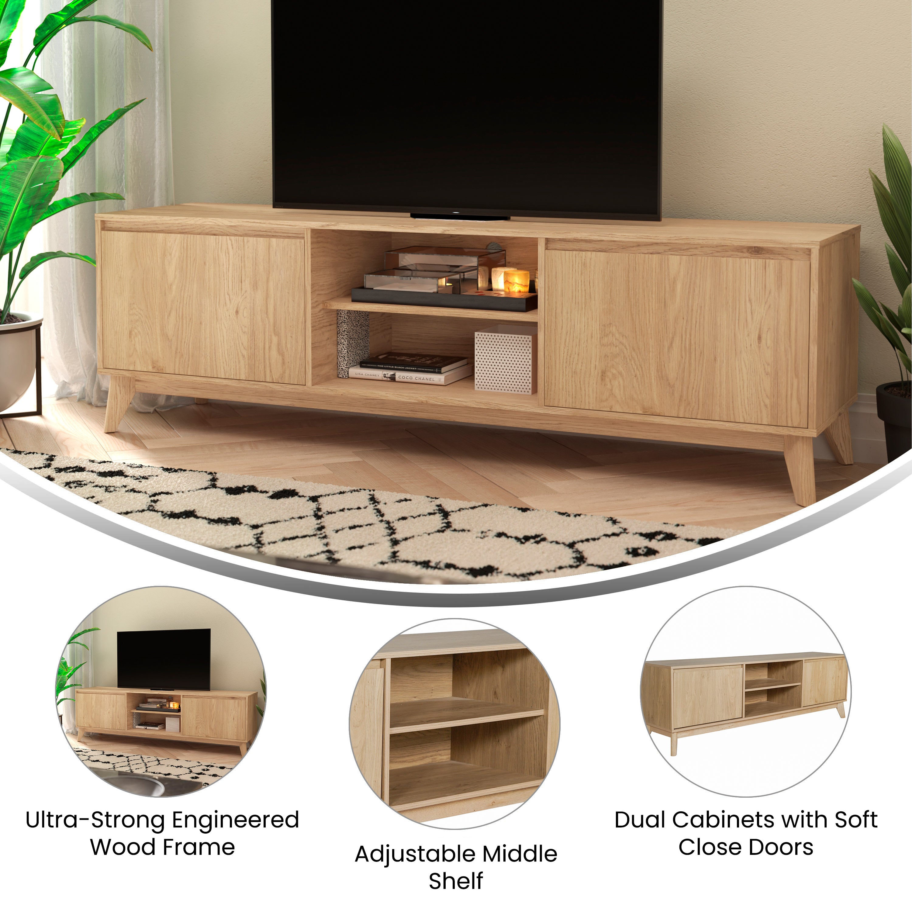 Hatfield Mid-Century Modern TV Stand in Light Natural for 65+ Inch TV's - 70 Inch Media Center with Adjustable Center Shelf and Dual Soft Close Doors