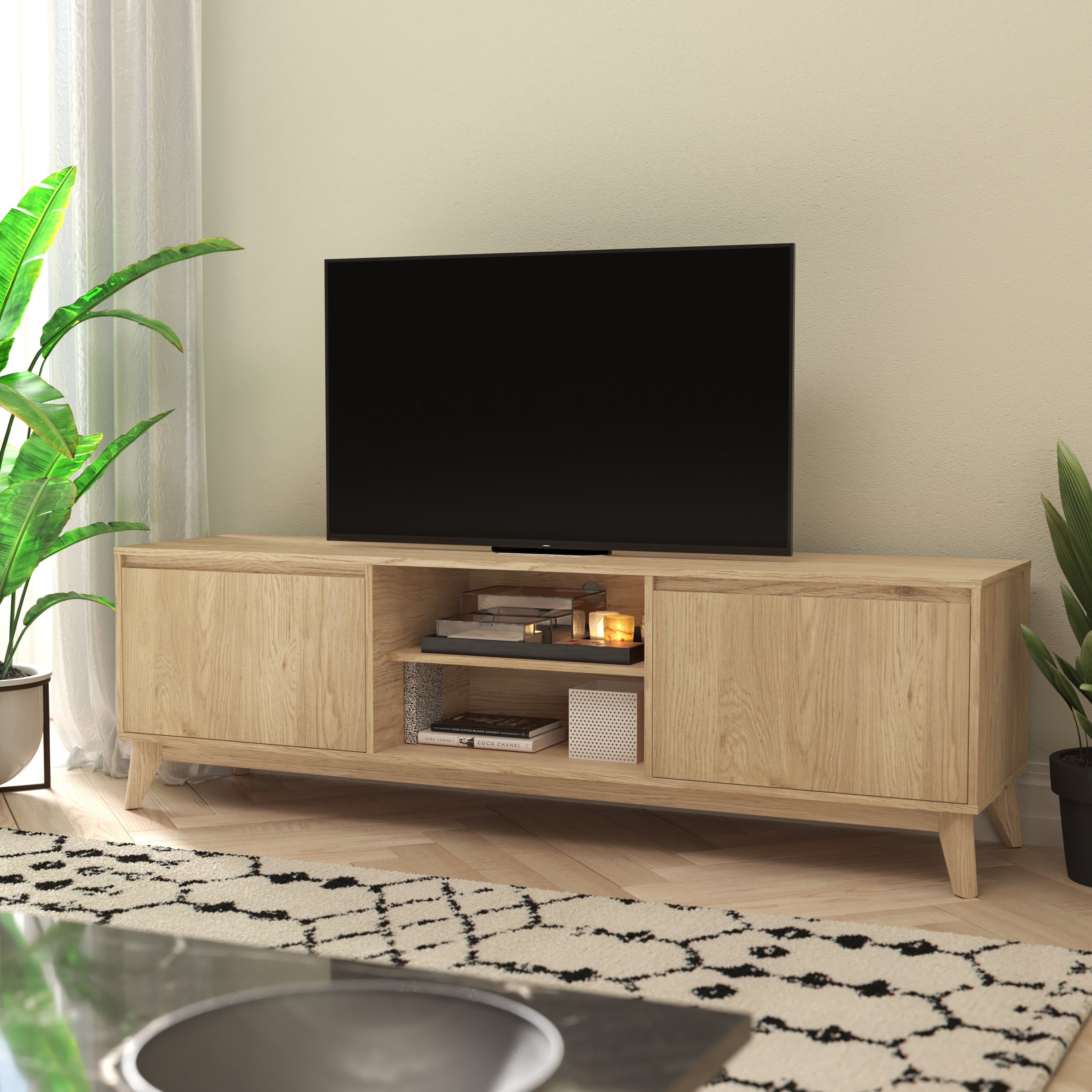 Hatfield Mid-Century Modern TV Stand in Light Natural for 65+ Inch TV's - 70 Inch Media Center with Adjustable Center Shelf and Dual Soft Close Doors