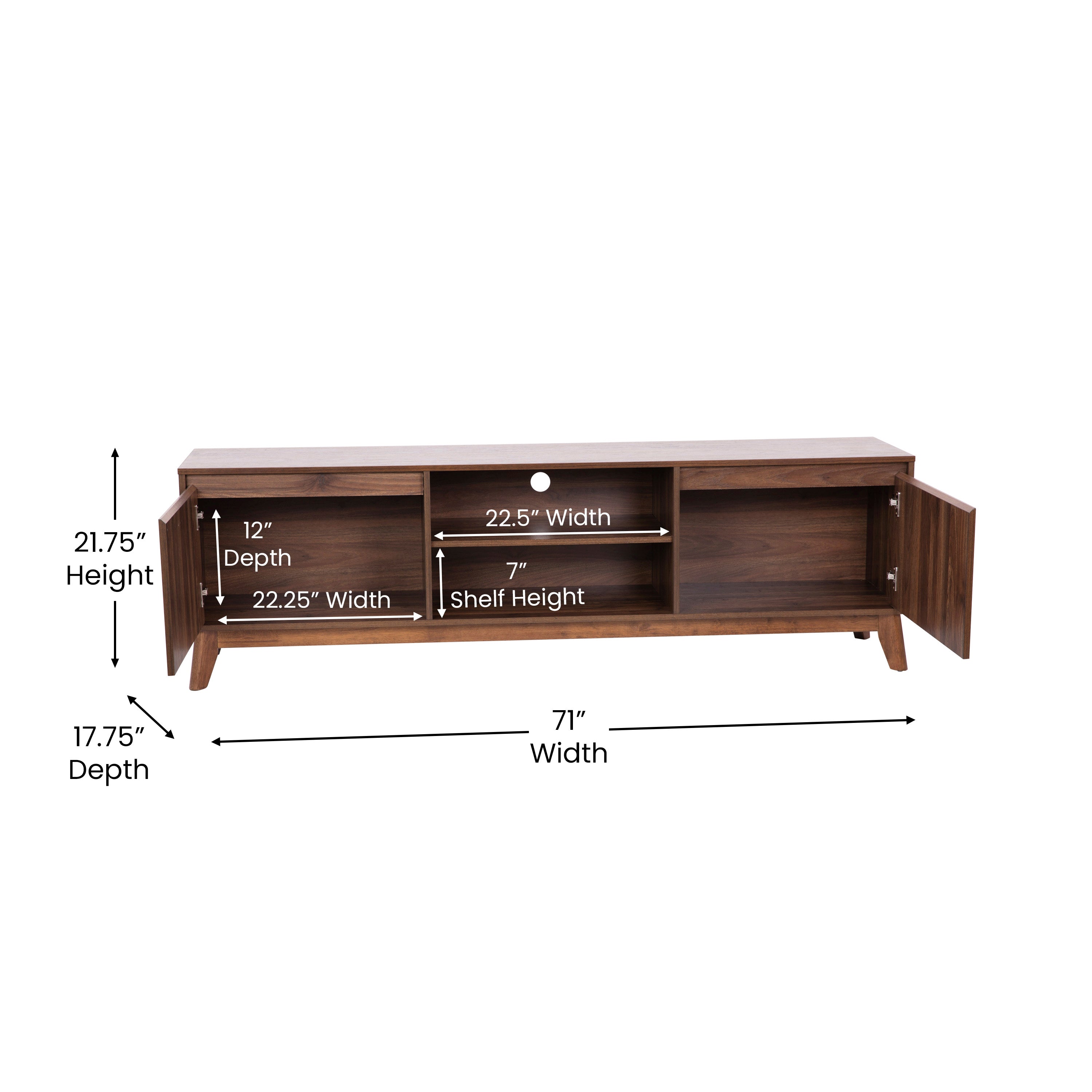 Hatfield Mid-Century Modern TV Stand in Walnut for 65+ Inch TV's - 70 Inch Media Center with Adjustable Center Shelf and Dual Soft Close Doors