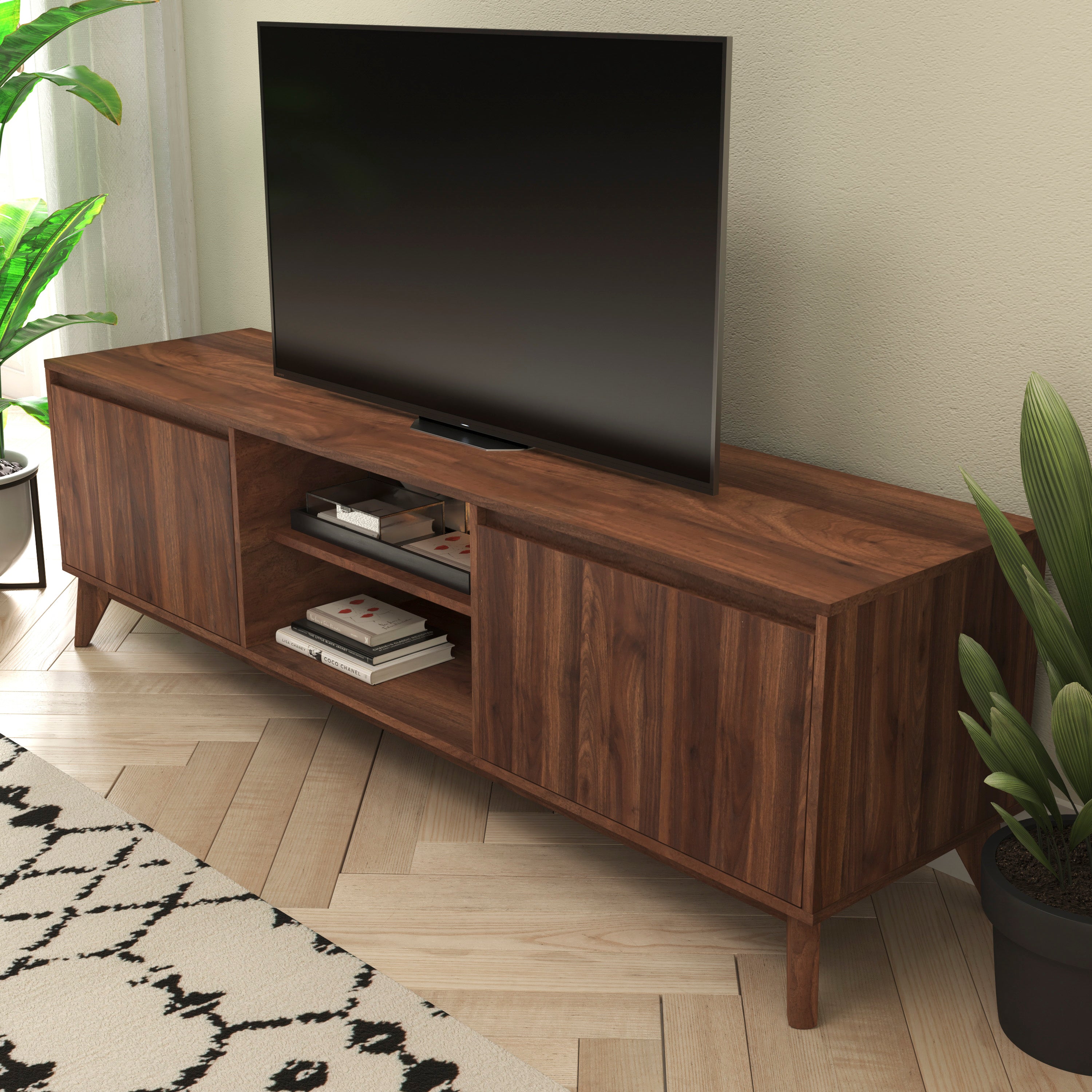 Hatfield Mid-Century Modern TV Stand in Walnut for 65+ Inch TV's - 70 Inch Media Center with Adjustable Center Shelf and Dual Soft Close Doors