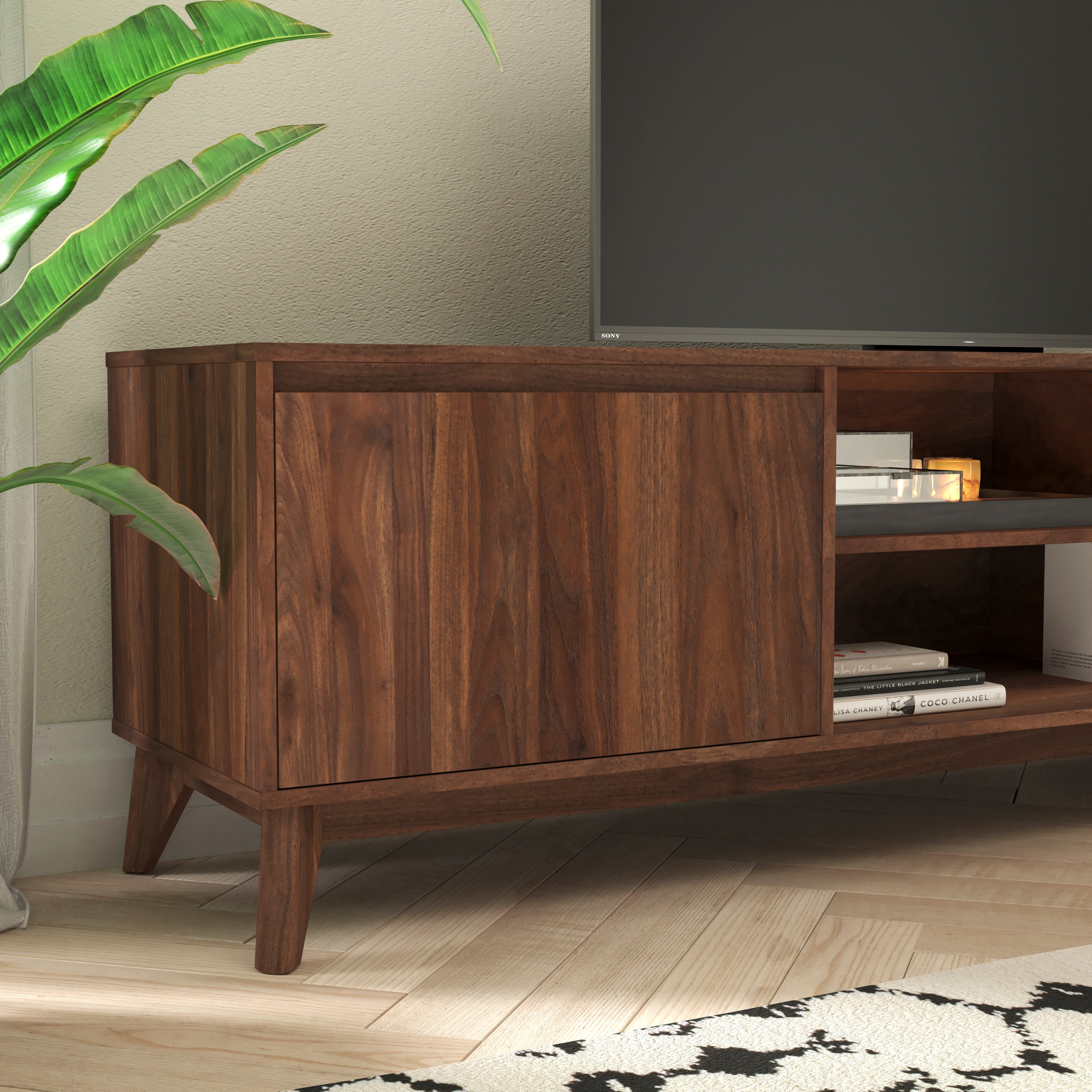 Hatfield Mid-Century Modern TV Stand in Walnut for 65+ Inch TV's - 70 Inch Media Center with Adjustable Center Shelf and Dual Soft Close Doors