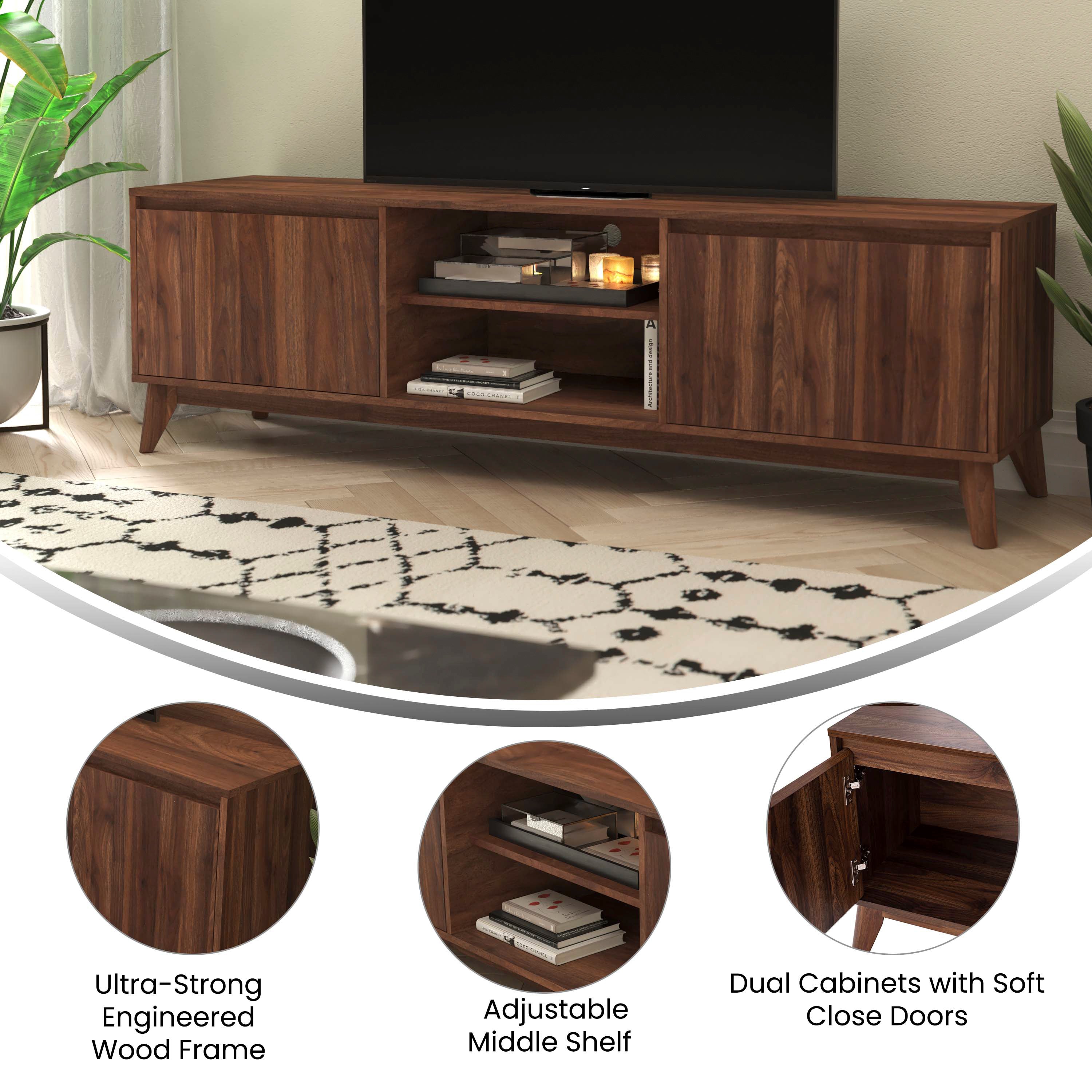 Hatfield Mid-Century Modern TV Stand in Walnut for 65+ Inch TV's - 70 Inch Media Center with Adjustable Center Shelf and Dual Soft Close Doors