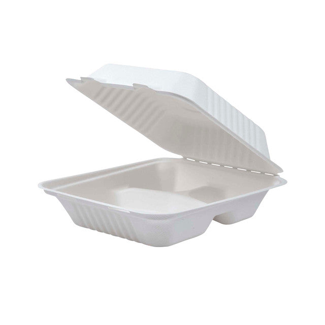 Vanguard™ Renewable & Compostable Light Duty Molded Fiber Clamshells, 3-Cmpt - 8in x 8in x 3in - Case of 200