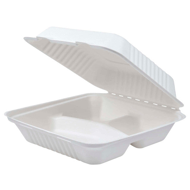 Vanguard™ Renewable & Compostable Light Duty Molded Fiber Clamshells, 3-Cmpt - 9in x 9in x 3in - Case of 200