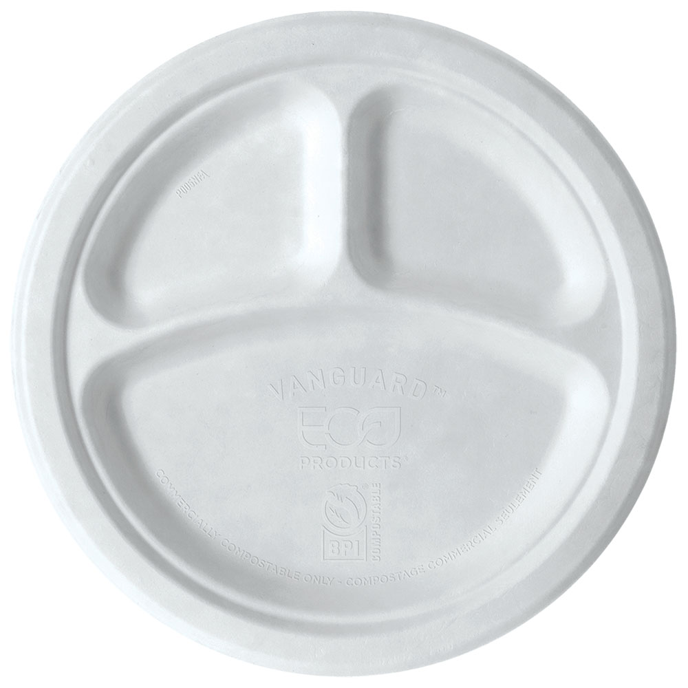 Vanguard™ Renewable & Compostable Molded Fiber Plates - 10in 3-Cmpt - Case of 500