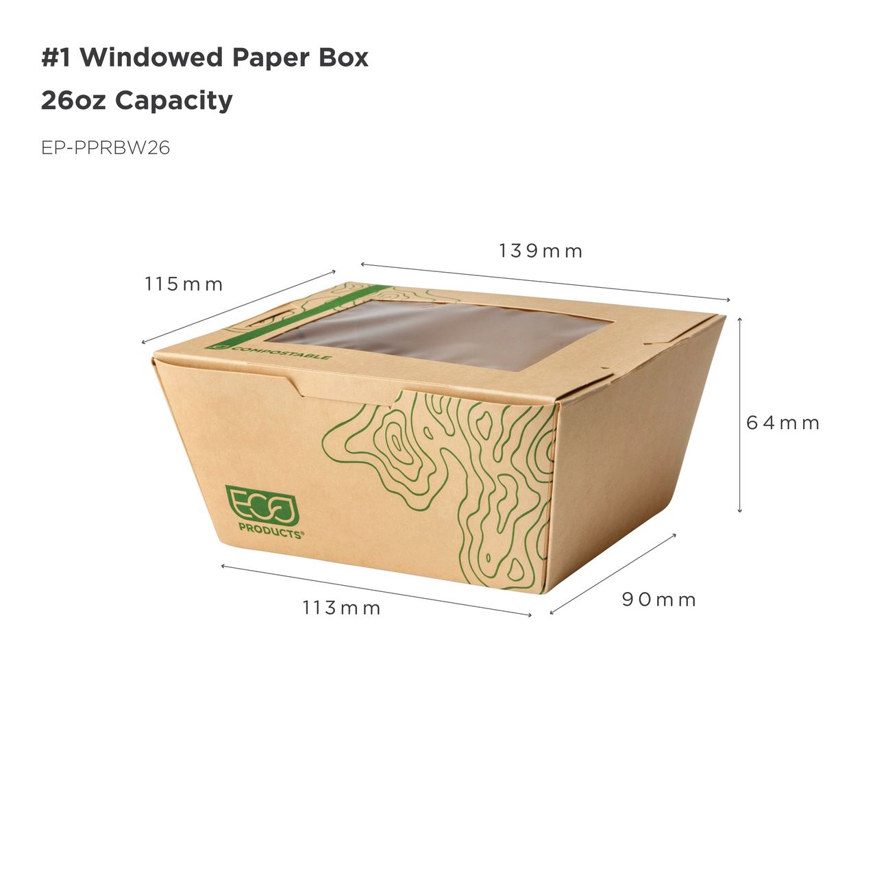 Renewable & Compostable 26oz Windowed Food Box #1, FSC Mix Credit SA-COC-013255 - Case of 200