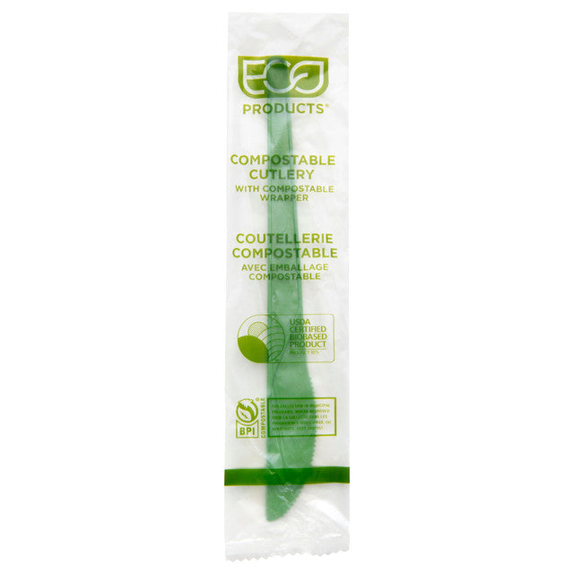Veridian™ Plantware Renewable & Compostable Individually Wrapped Knife - 6" Compostable Wrapper Green - Case of 1000