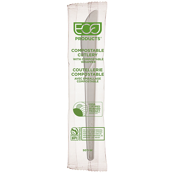 Plantware Renewable & Compostable Individually Wrapped Knife - 6" White, Compostable Wrapper - Case of 1000