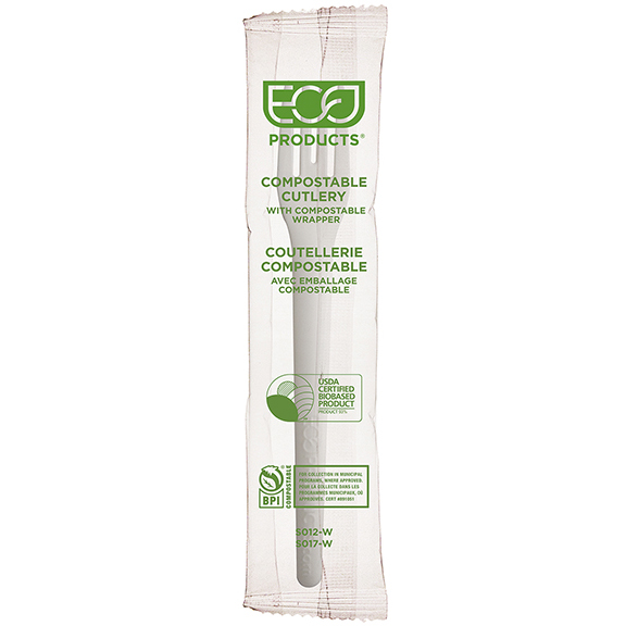 Plantware Renewable & Compostable Individually Wrapped Fork - 6" White, Compostable Wrapper 
 - Case of 1000