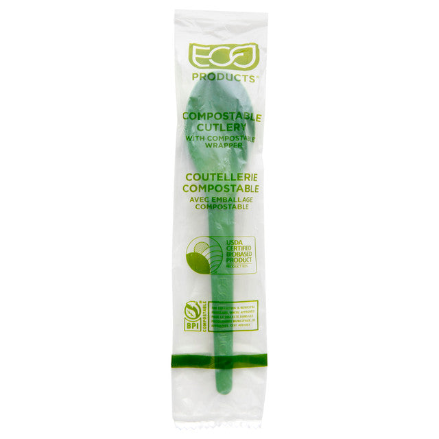 Veridian™  Plantware Renewable & Compostable Individually Wrapped Spoon - 6" Compostable Wrapper Green - Case of 1000