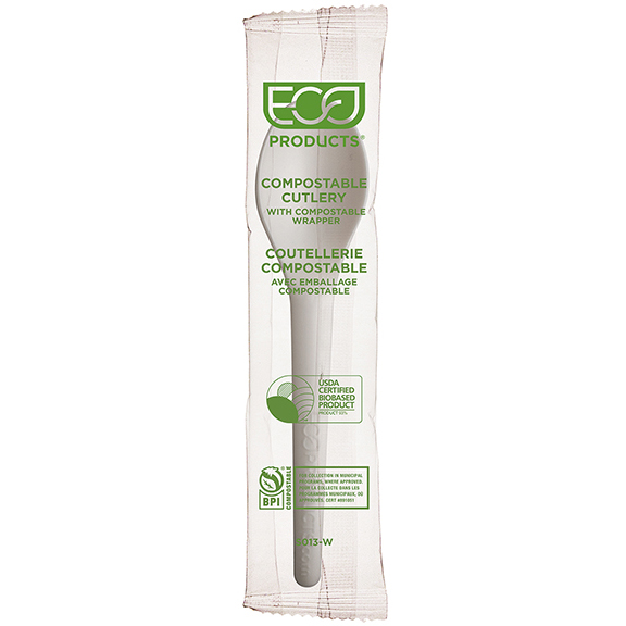 Plantware Renewable & Compostable Individually Wrapped Spoon - 6" White, Compostable Wrapper - Case of 1000