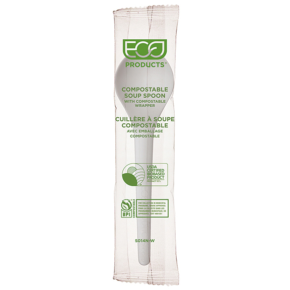 Plantware Renewable & Compostable Individually Wrapped Soup Spoon - 6", Compostable Wrapped - Case of 1000