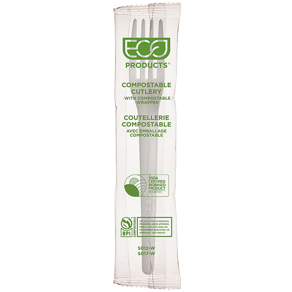 Plantware Renewable & Compostable Individually Wrapped Fork - 7" White, Compostable Wrapper - Case of 1000