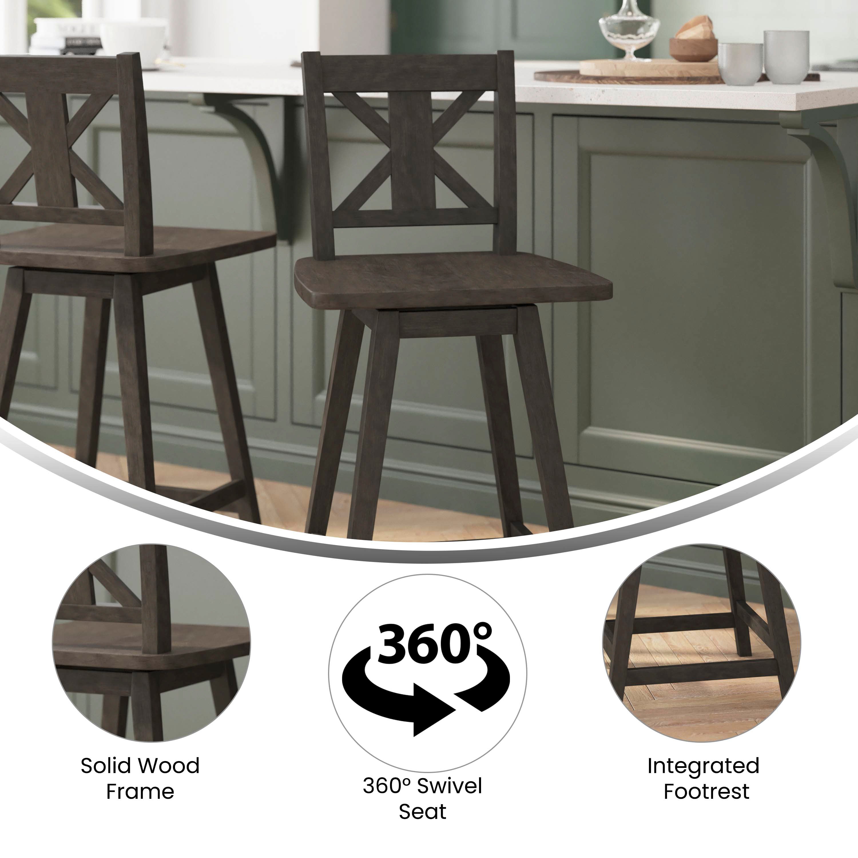 Gwendolyn Commercial Grade Solid Wood Modern Farmhouse Swivel Counter Height Barstool in Gray Wash Walnut