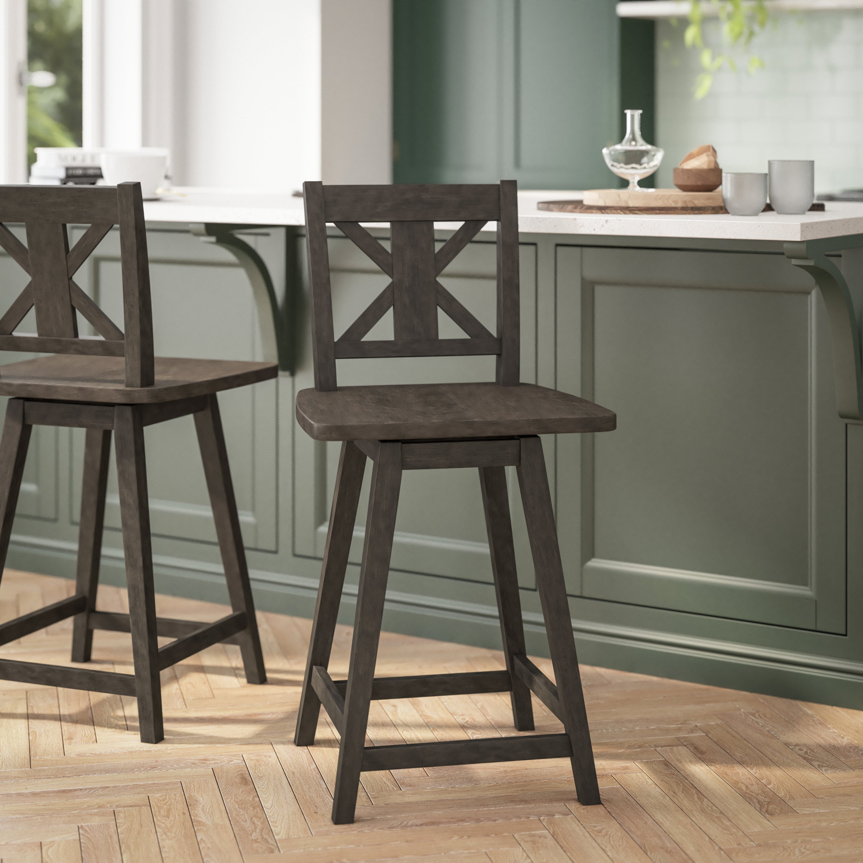 Gwendolyn Commercial Grade Solid Wood Modern Farmhouse Swivel Counter Height Barstool in Gray Wash Walnut