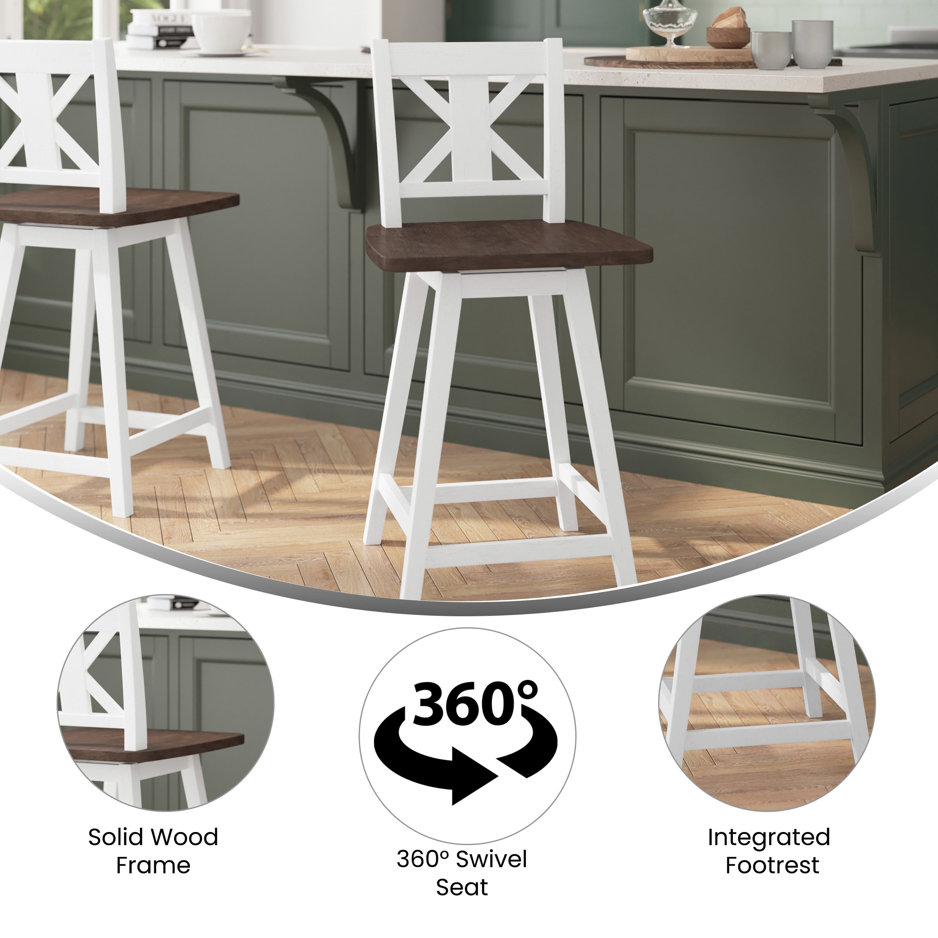 Gwendolyn Commercial Grade Solid Wood Modern Farmhouse Swivel Counter Height Barstool in Antique White Wash with Gray Wash Seat