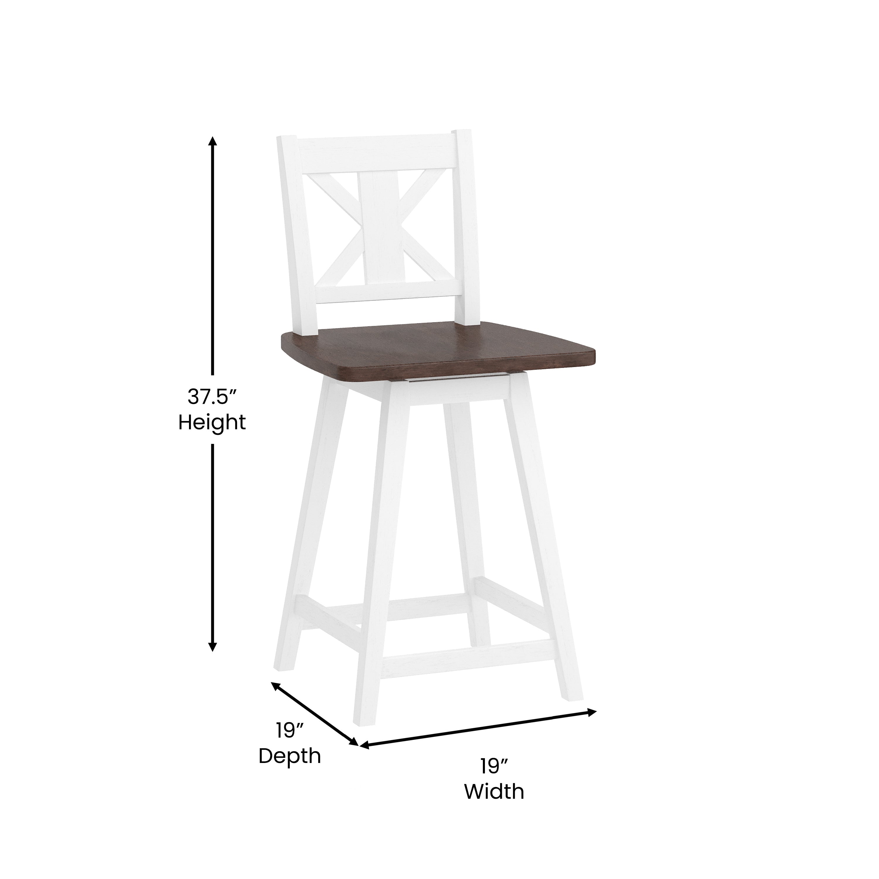 Gwendolyn Commercial Grade Solid Wood Modern Farmhouse Swivel Counter Height Barstool in Antique White Wash with Gray Wash Seat
