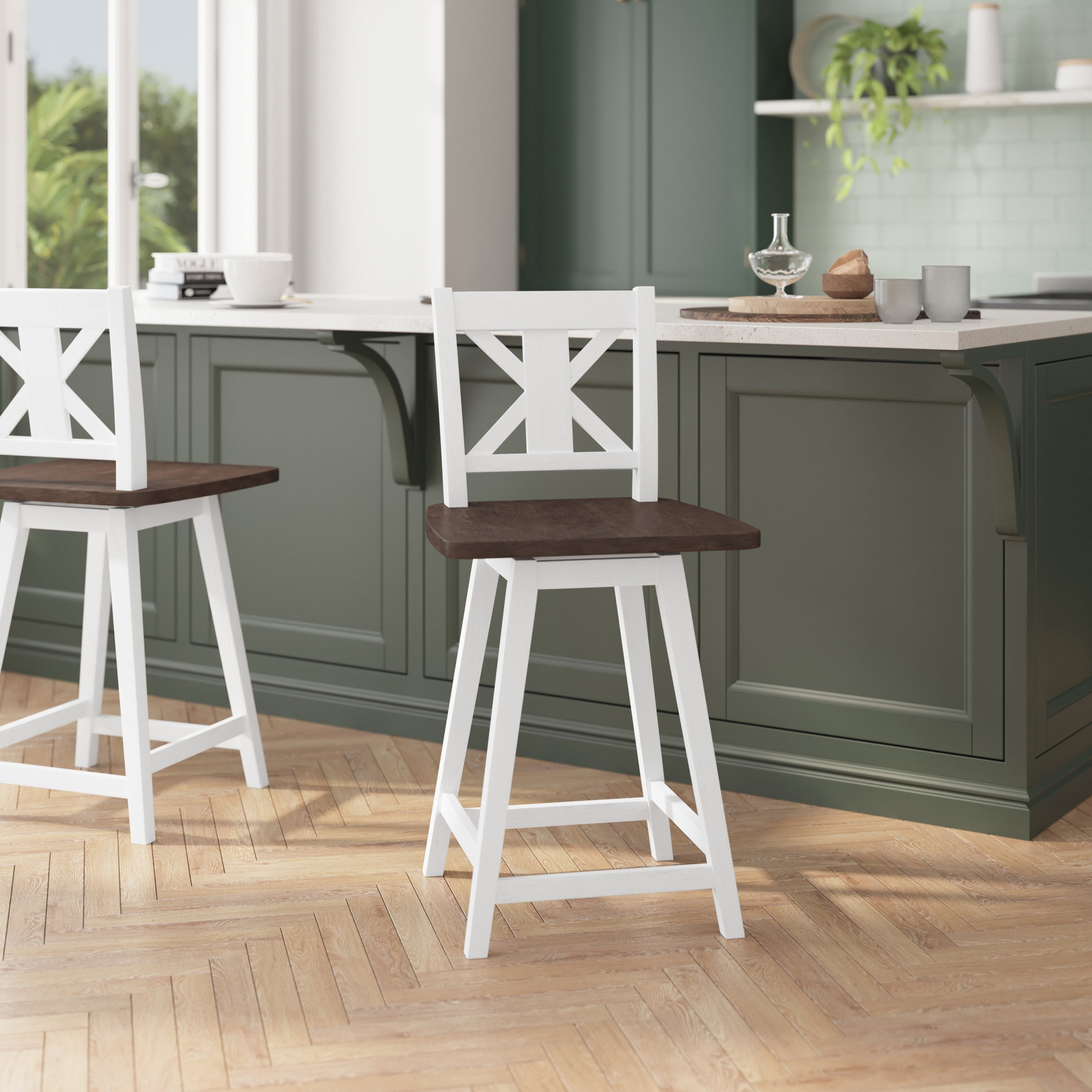 Gwendolyn Commercial Grade Solid Wood Modern Farmhouse Swivel Counter Height Barstool in Antique White Wash with Gray Wash Seat