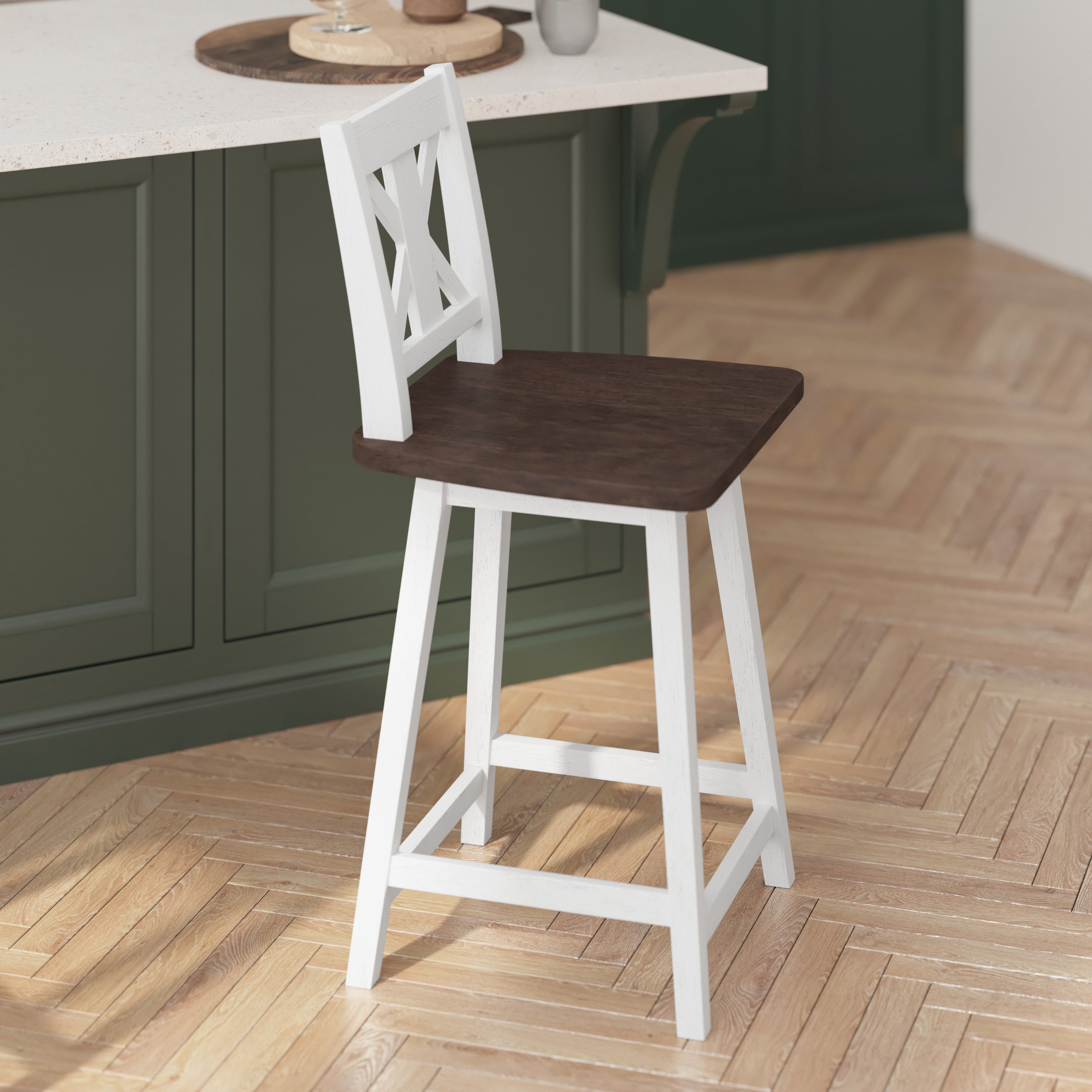 Gwendolyn Commercial Grade Solid Wood Modern Farmhouse Swivel Counter Height Barstool in Antique White Wash with Gray Wash Seat