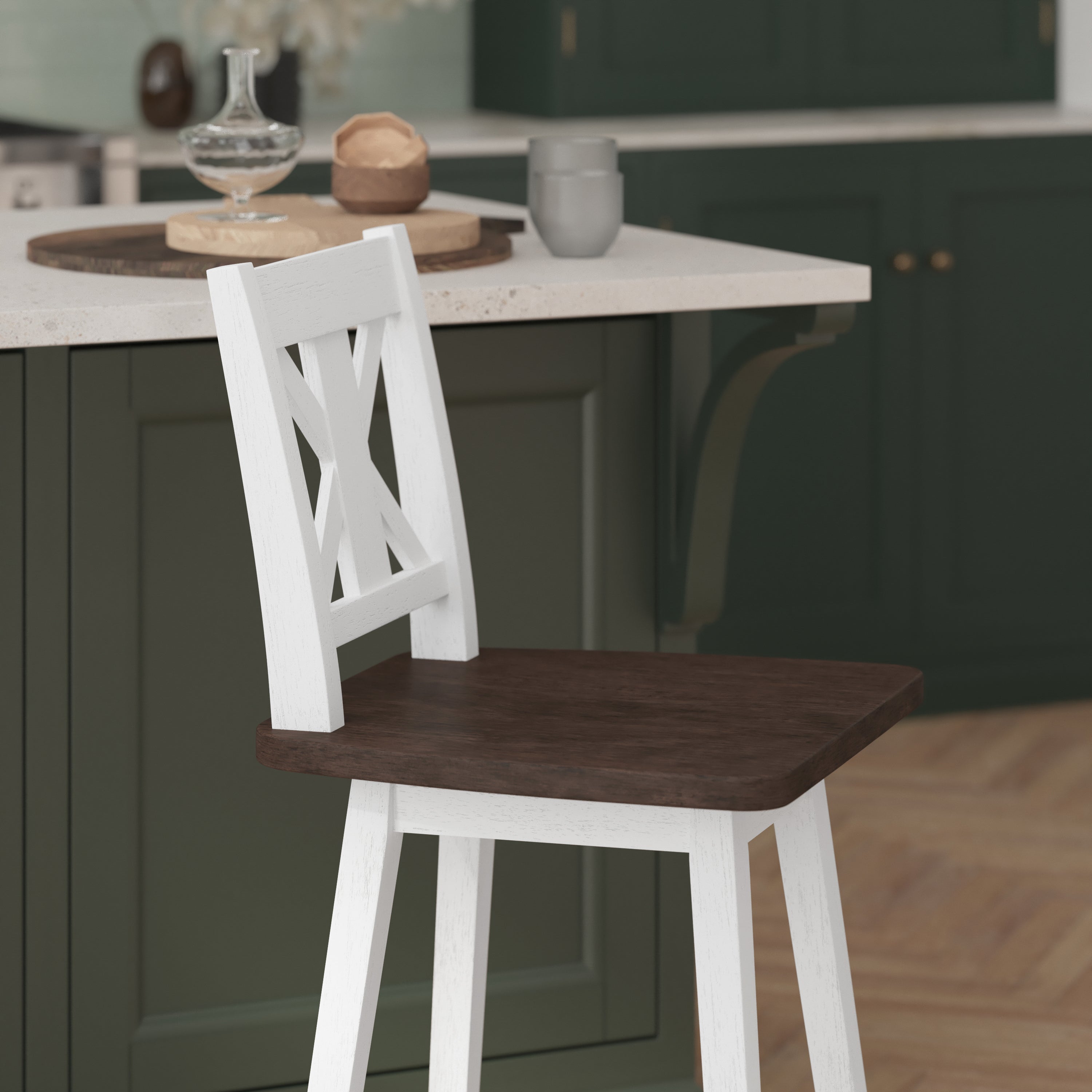 Gwendolyn Commercial Grade Solid Wood Modern Farmhouse Swivel Counter Height Barstool in Antique White Wash with Gray Wash Seat