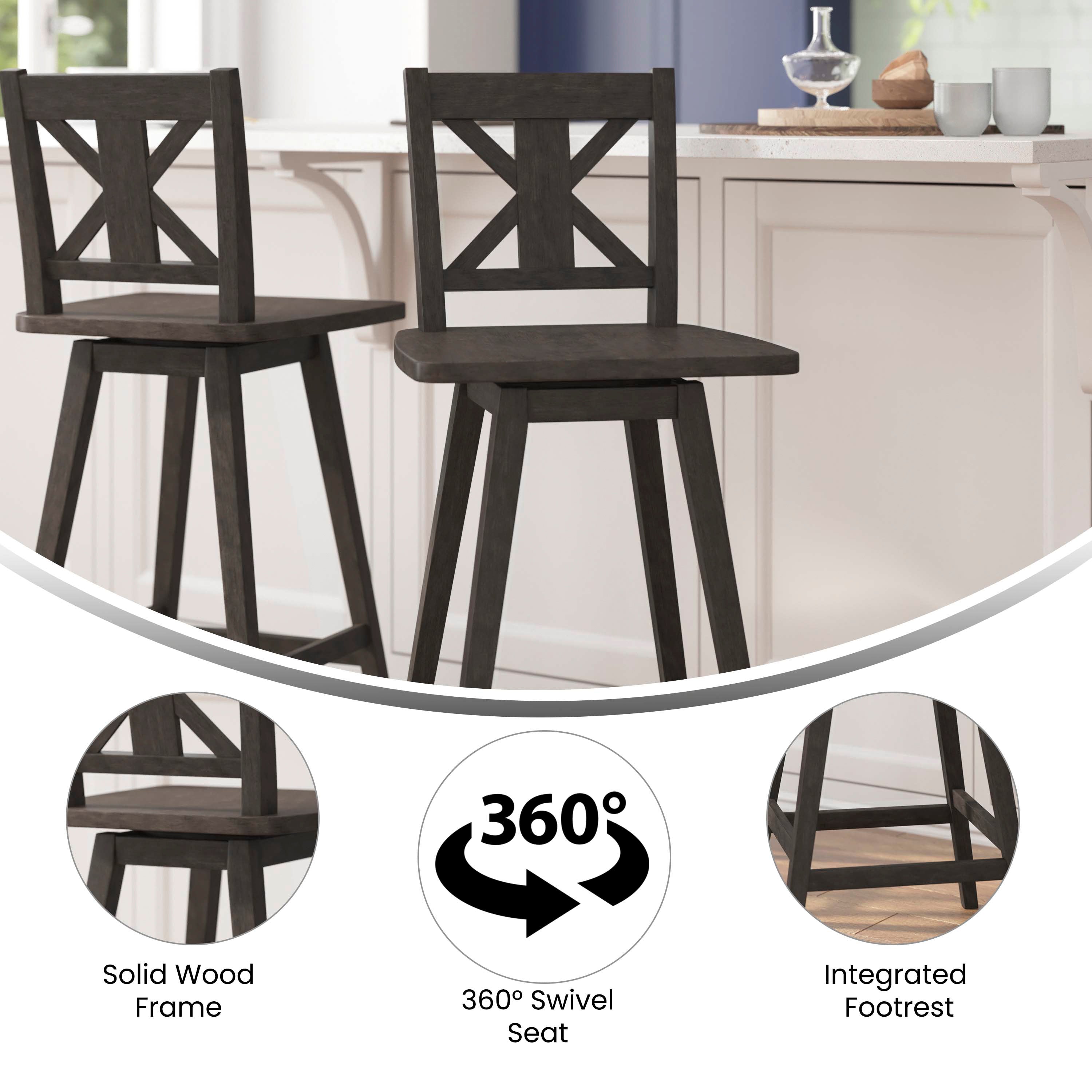 Gwendolyn Commercial Grade Solid Wood Modern Farmhouse Swivel Bar Height Barstool in Gray Wash Walnut