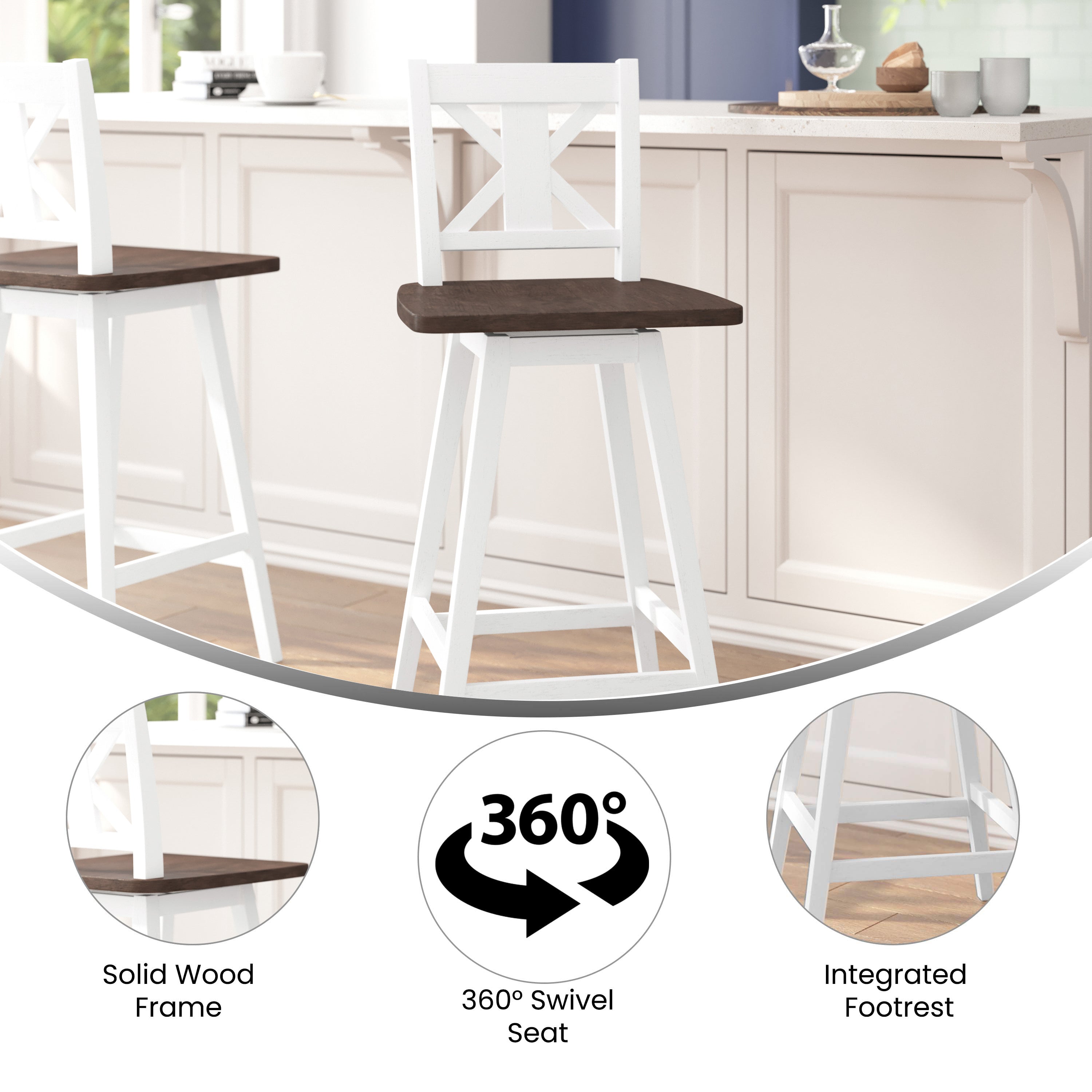 Gwendolyn Commercial Grade Solid Wood Modern Farmhouse Swivel Bar Height Barstool in Antique White Wash with Gray Wash Seat