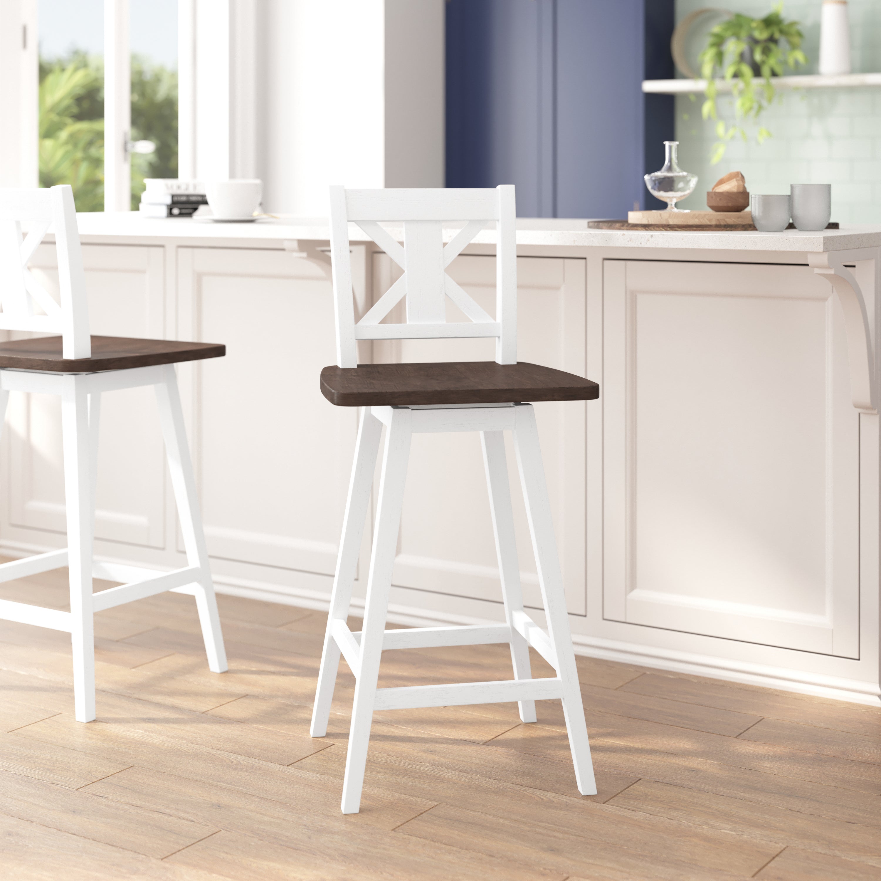 Gwendolyn Commercial Grade Solid Wood Modern Farmhouse Swivel Bar Height Barstool in Antique White Wash with Gray Wash Seat