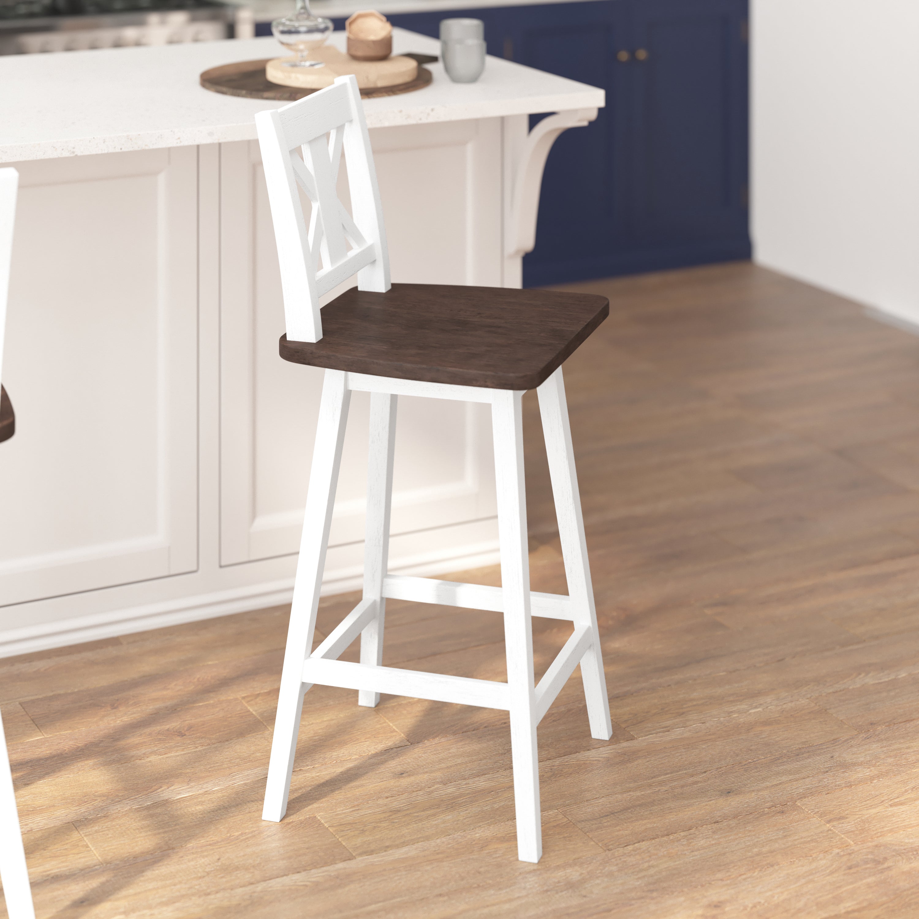 Gwendolyn Commercial Grade Solid Wood Modern Farmhouse Swivel Bar Height Barstool in Antique White Wash with Gray Wash Seat