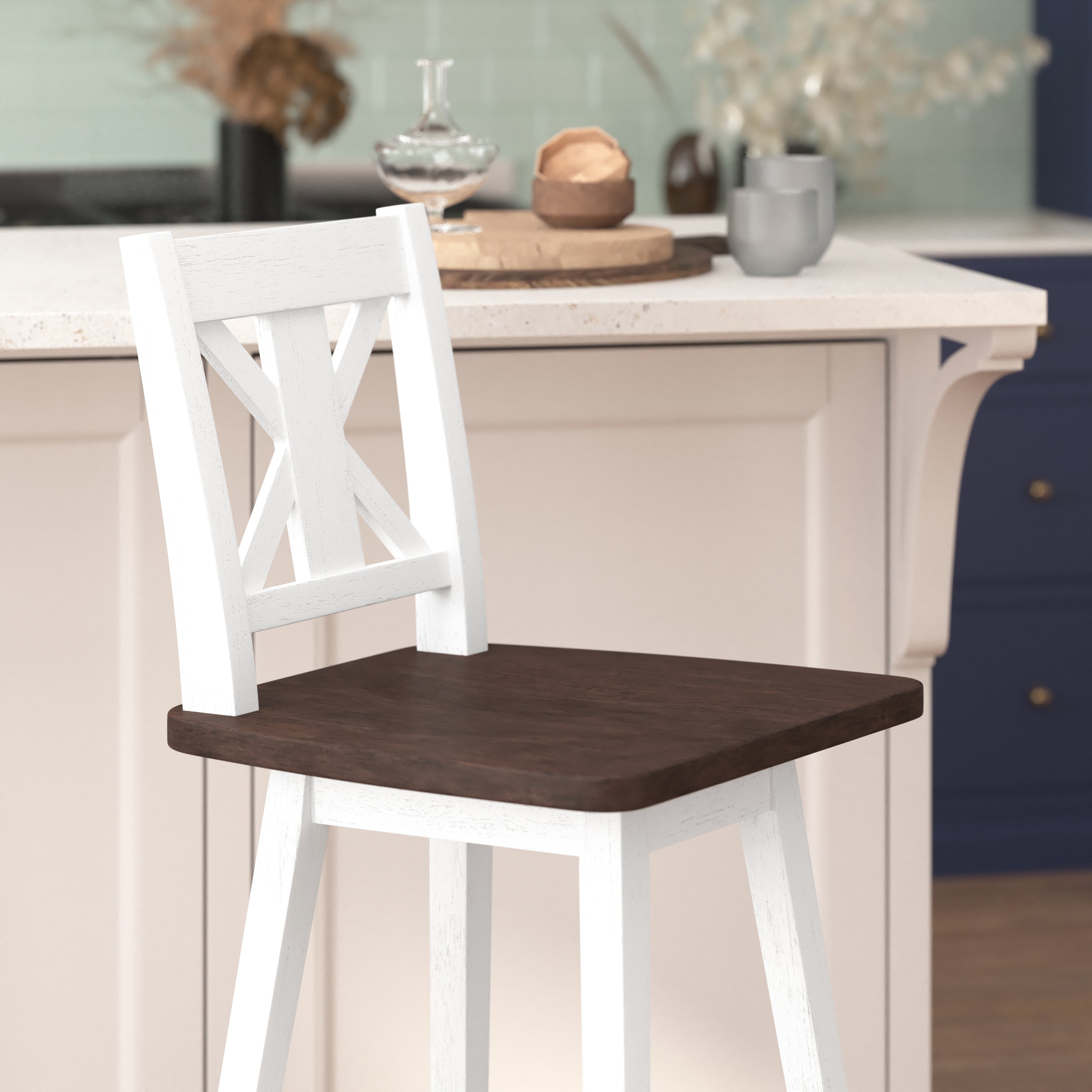 Gwendolyn Commercial Grade Solid Wood Modern Farmhouse Swivel Bar Height Barstool in Antique White Wash with Gray Wash Seat