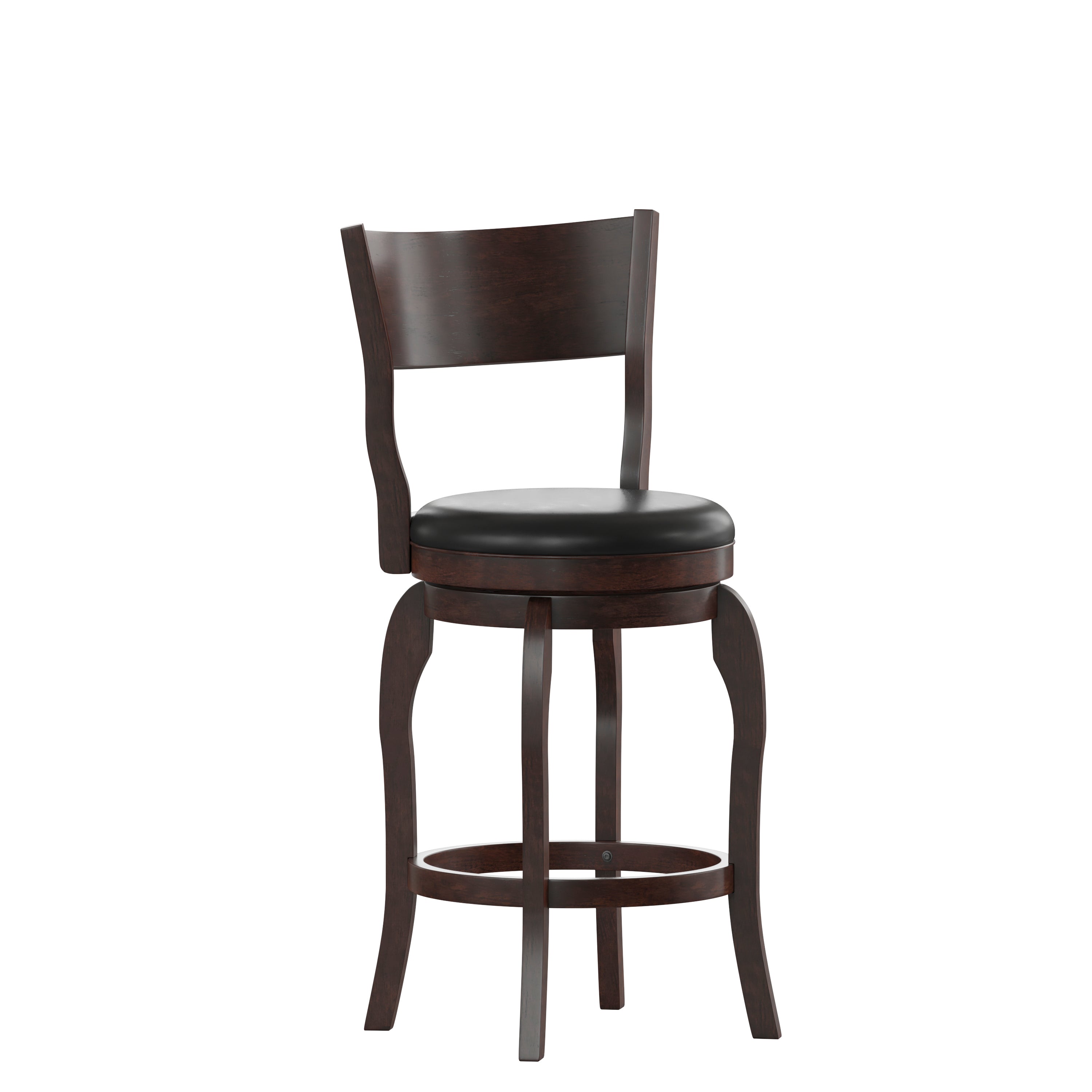 Nichola Commercial Grade Classic Open Back Swivel Counter Height Pub Barstool with Bowed Wooden Frame and Padded LeatherSoft Seat, Espresso/Black