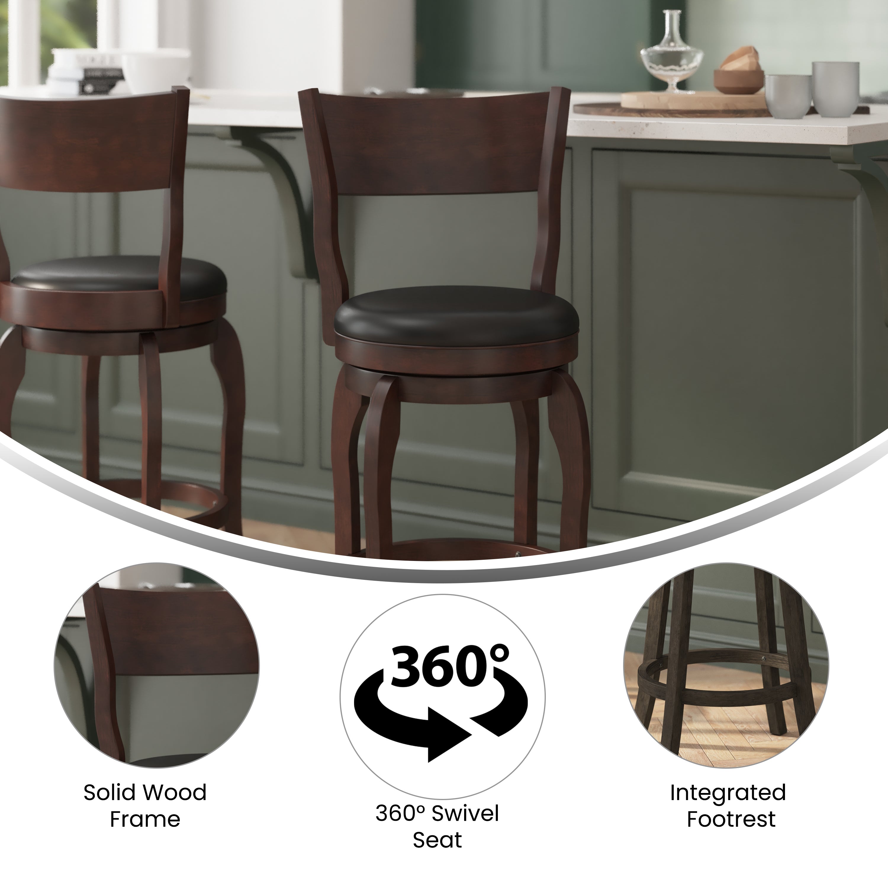 Nichola Commercial Grade Classic Open Back Swivel Counter Height Pub Barstool with Bowed Wooden Frame and Padded LeatherSoft Seat, Espresso/Black