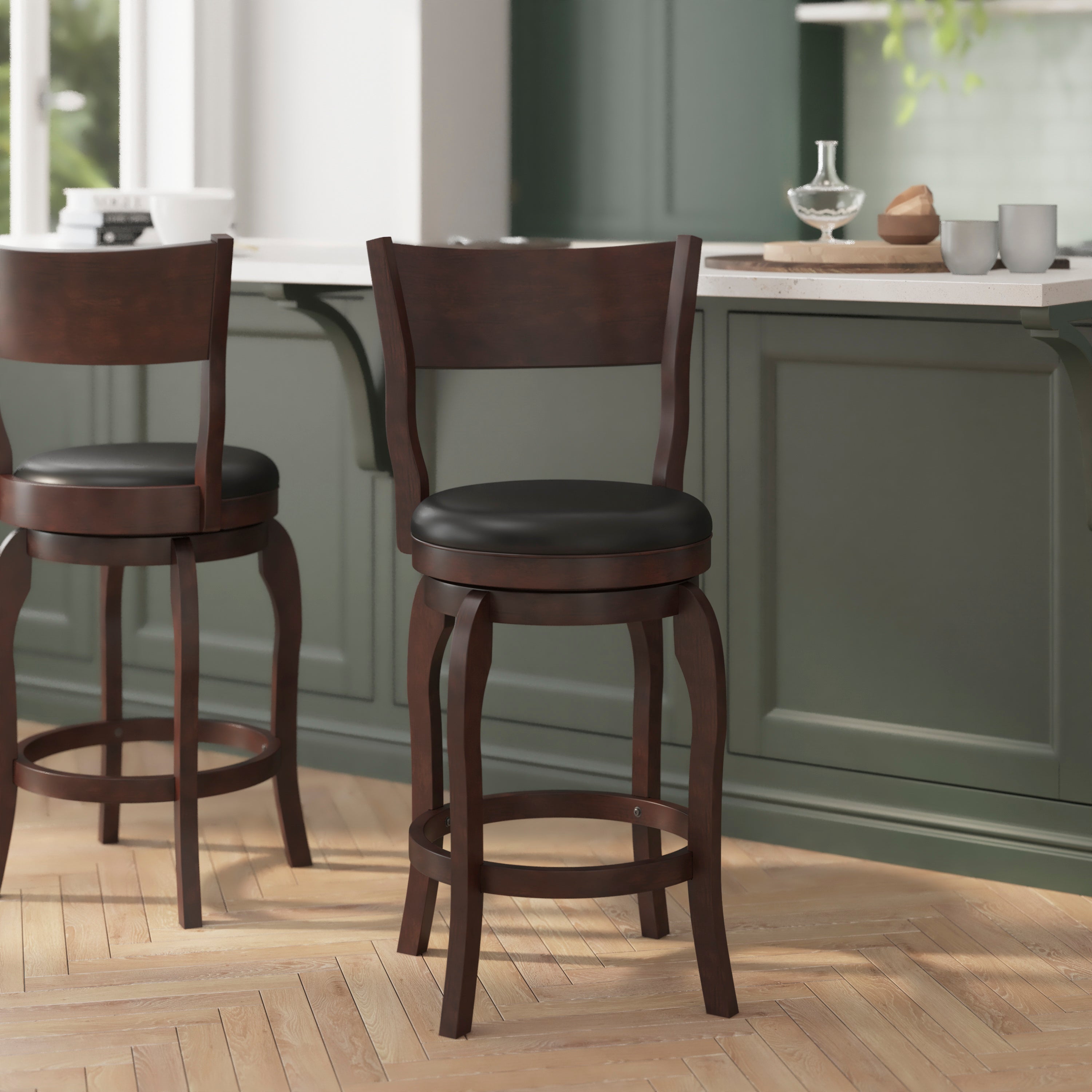 Nichola Commercial Grade Classic Open Back Swivel Counter Height Pub Barstool with Bowed Wooden Frame and Padded LeatherSoft Seat, Espresso/Black