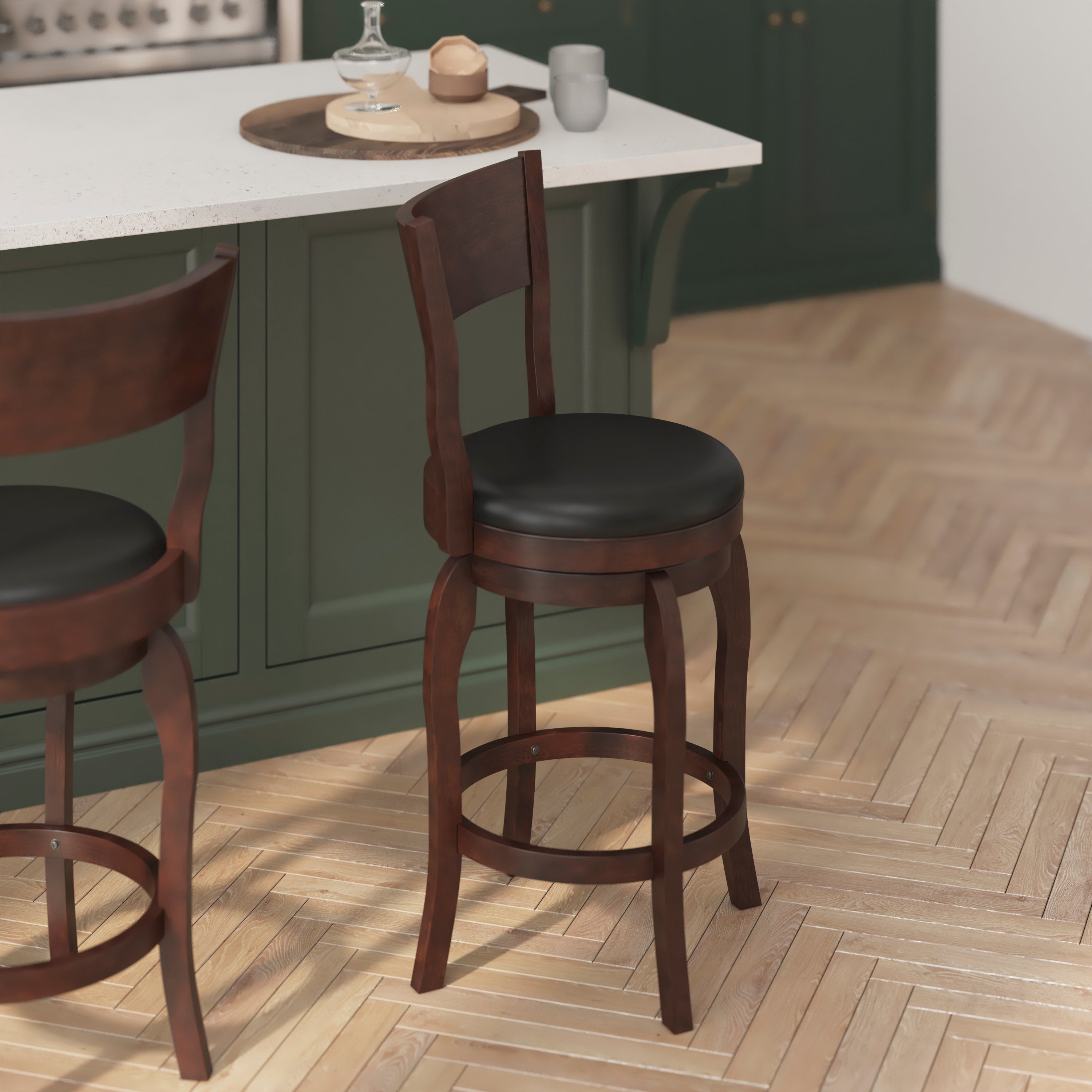 Nichola Commercial Grade Classic Open Back Swivel Counter Height Pub Barstool with Bowed Wooden Frame and Padded LeatherSoft Seat, Espresso/Black
