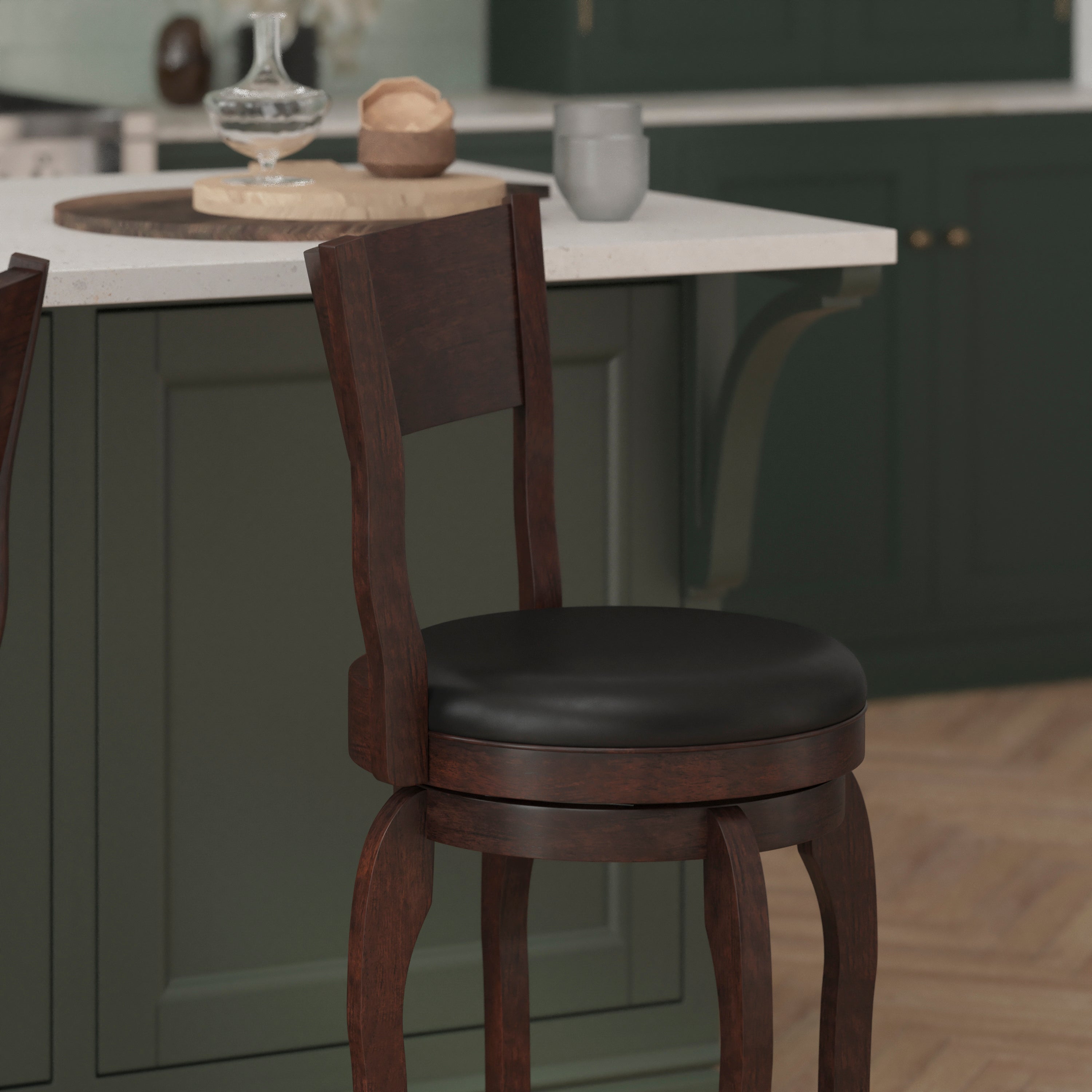 Nichola Commercial Grade Classic Open Back Swivel Counter Height Pub Barstool with Bowed Wooden Frame and Padded LeatherSoft Seat, Espresso/Black