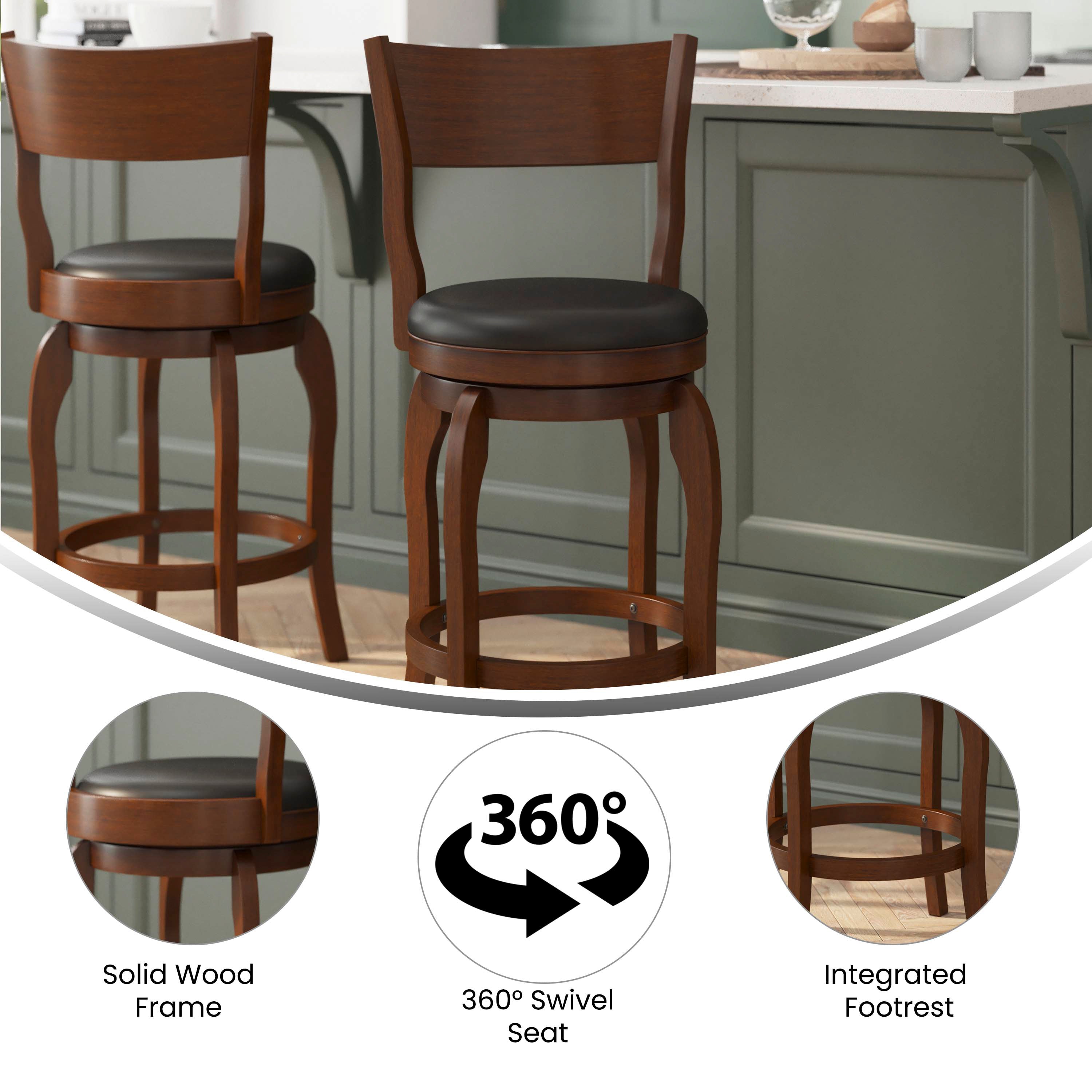 Nichola Commercial Grade Classic Open Back Swivel Counter Height Pub Barstool with Bowed Wooden Frame and Padded LeatherSoft Seat, Antique Oak/Black