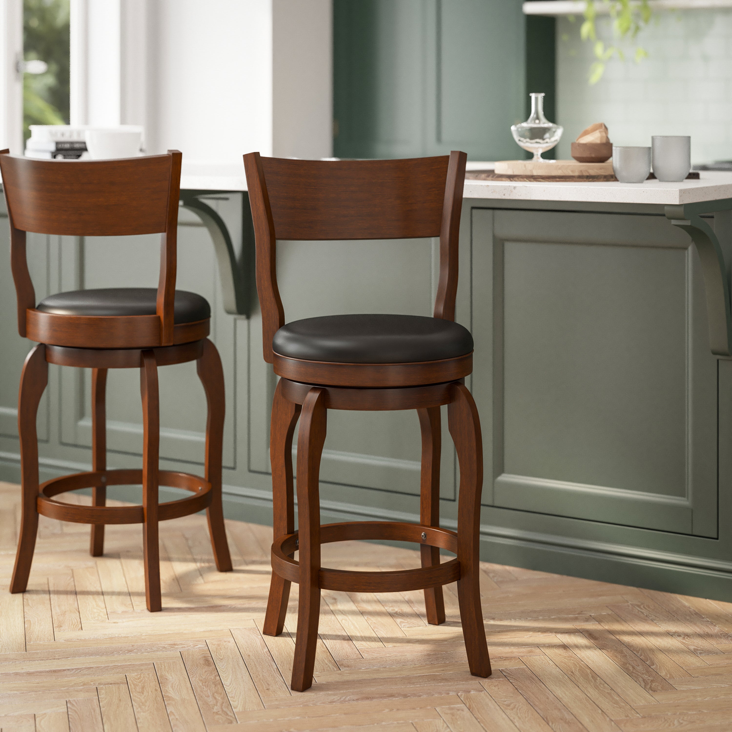 Nichola Commercial Grade Classic Open Back Swivel Counter Height Pub Barstool with Bowed Wooden Frame and Padded LeatherSoft Seat, Antique Oak/Black