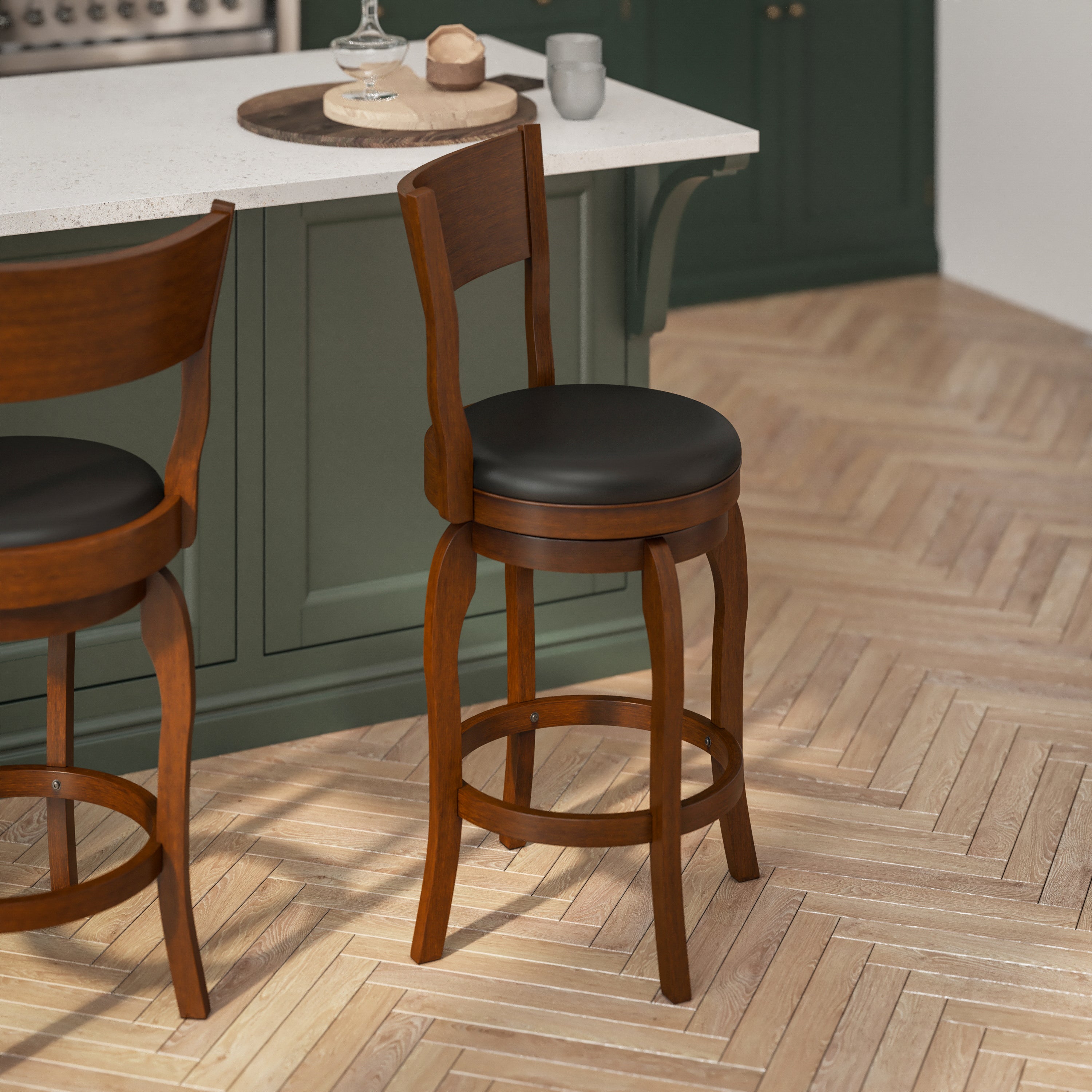 Nichola Commercial Grade Classic Open Back Swivel Counter Height Pub Barstool with Bowed Wooden Frame and Padded LeatherSoft Seat, Antique Oak/Black