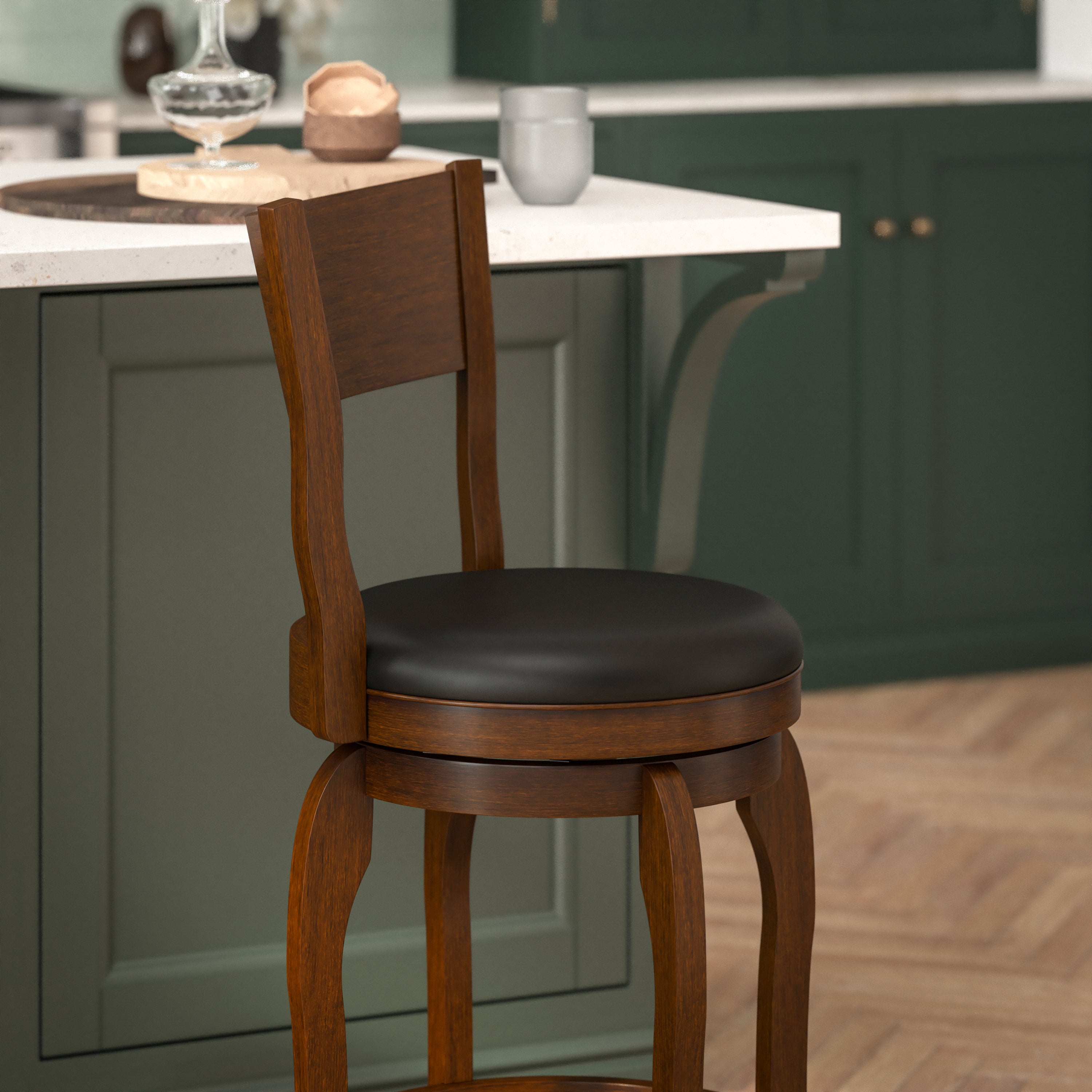Nichola Commercial Grade Classic Open Back Swivel Counter Height Pub Barstool with Bowed Wooden Frame and Padded LeatherSoft Seat, Antique Oak/Black